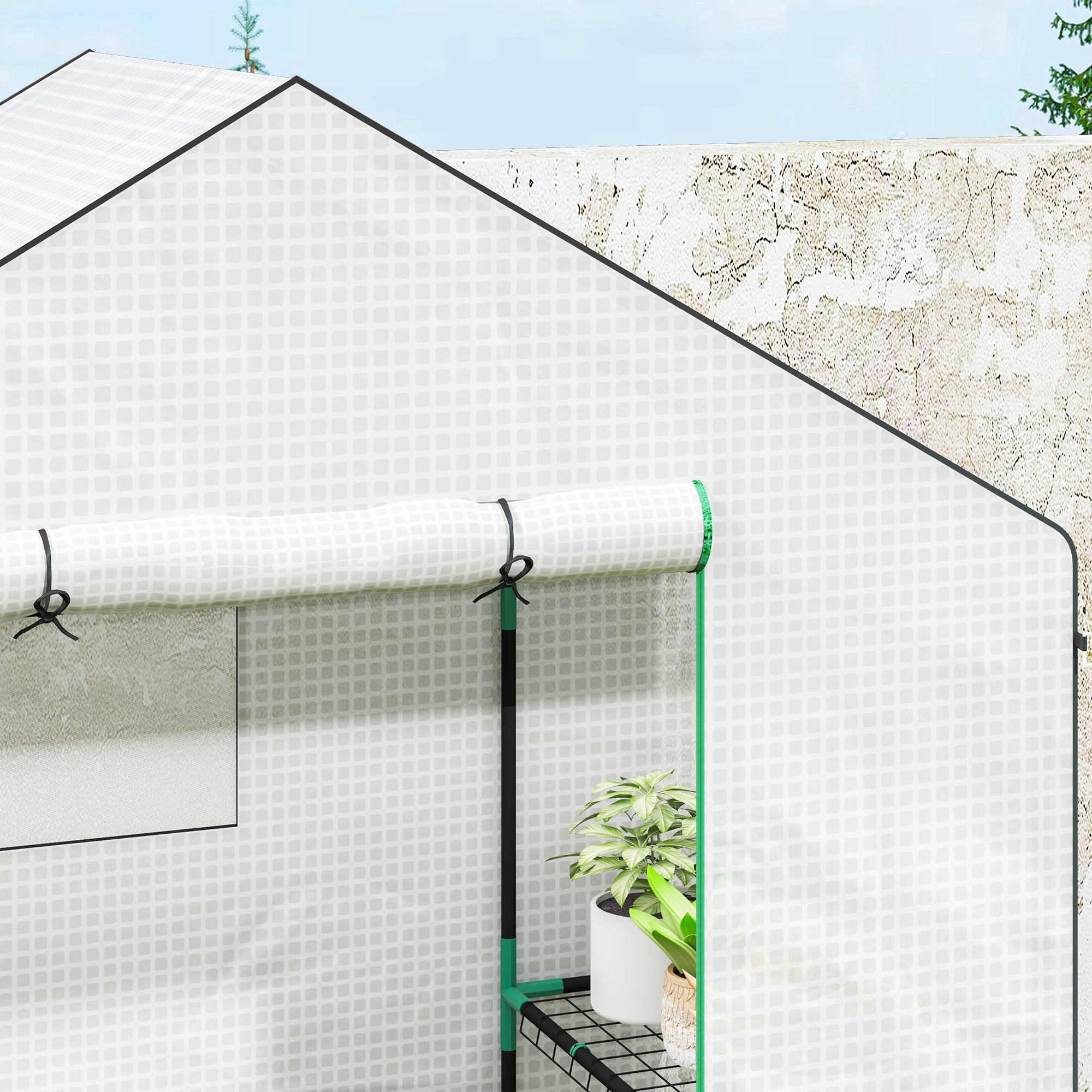 Outsunny Walk-in Greenhouse with 3 Tier 4 Shelves, Small Greenhouse with Reinforced PE Cover, Garden Plant Growhouse with Roll-up Door and Three Mesh Windows, 143 x 74 x 190 cm, White