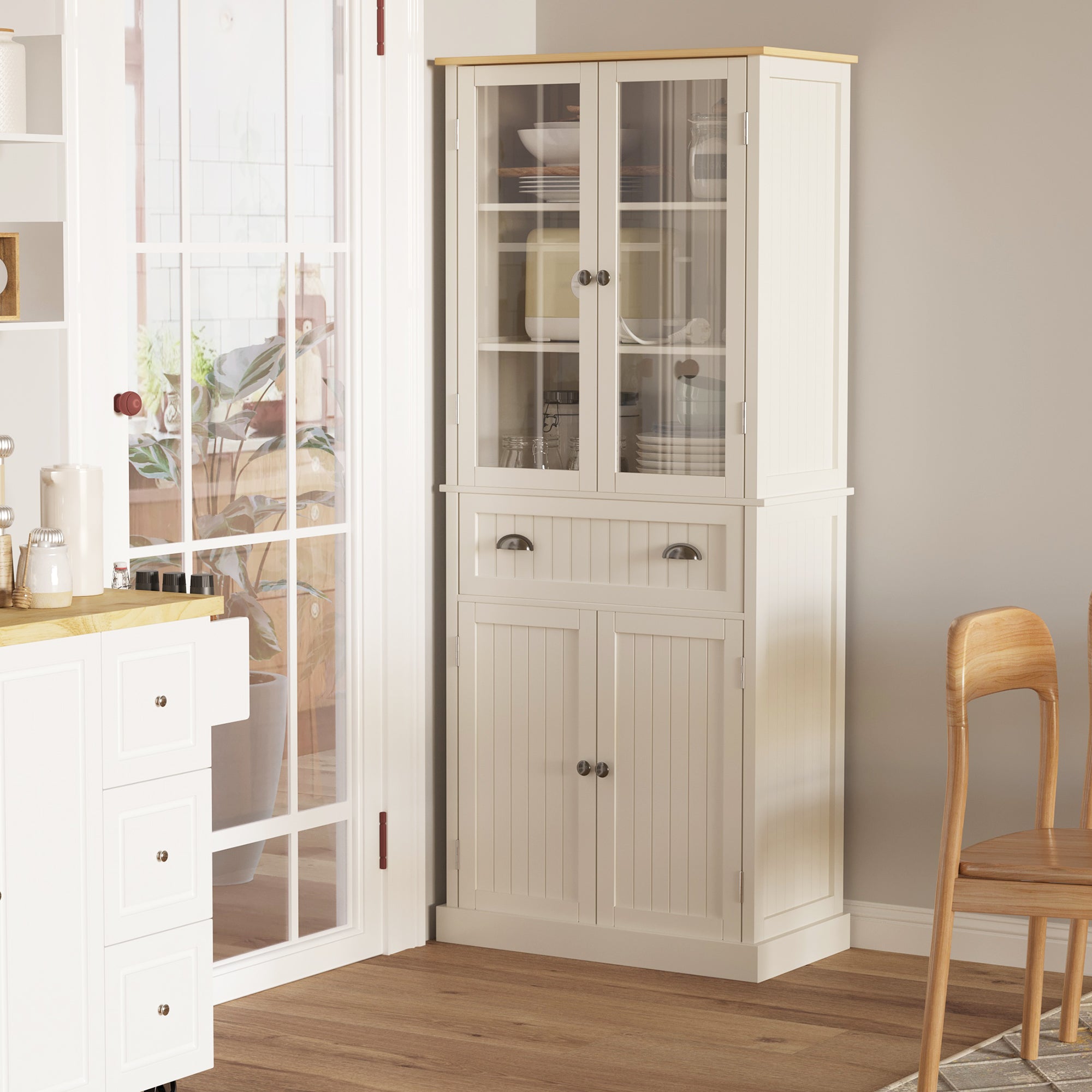 HOMCOM Freestanding Kitchen Cupboard, 5-tier Storage Cabinet with Adjustable Shelves and Drawer for Living Room, Dining Room, Cream White - North Peak Garden Furniture