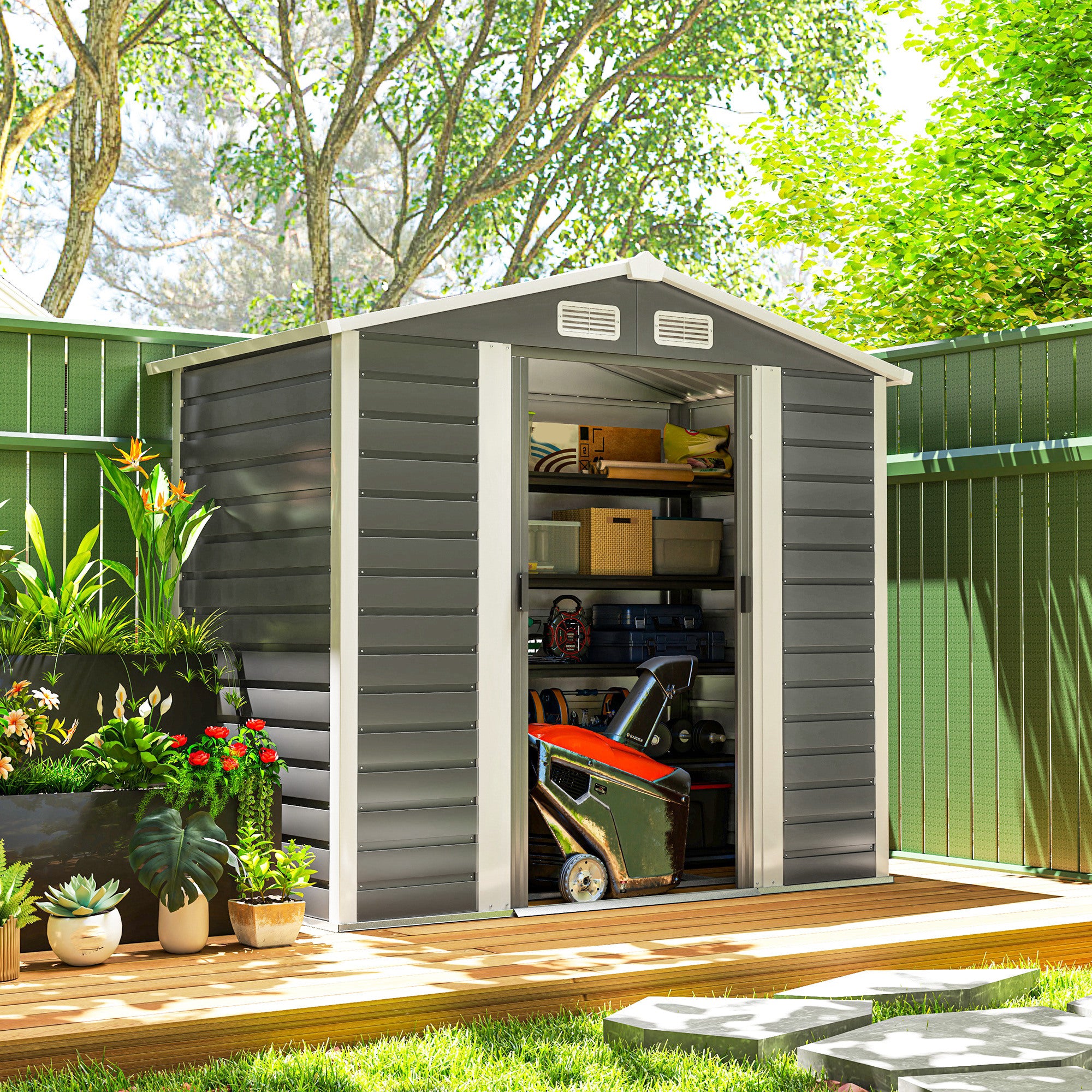 Outsunny 7 x 4ft Garden Shed, Easy to Assemble, Upgraded Galvanised Steel Frame with Foundation Kit, Double Doors with Lock, Outdoor Metal Shed with Vents and Gloves, Garden Storage Shed, Dark Grey