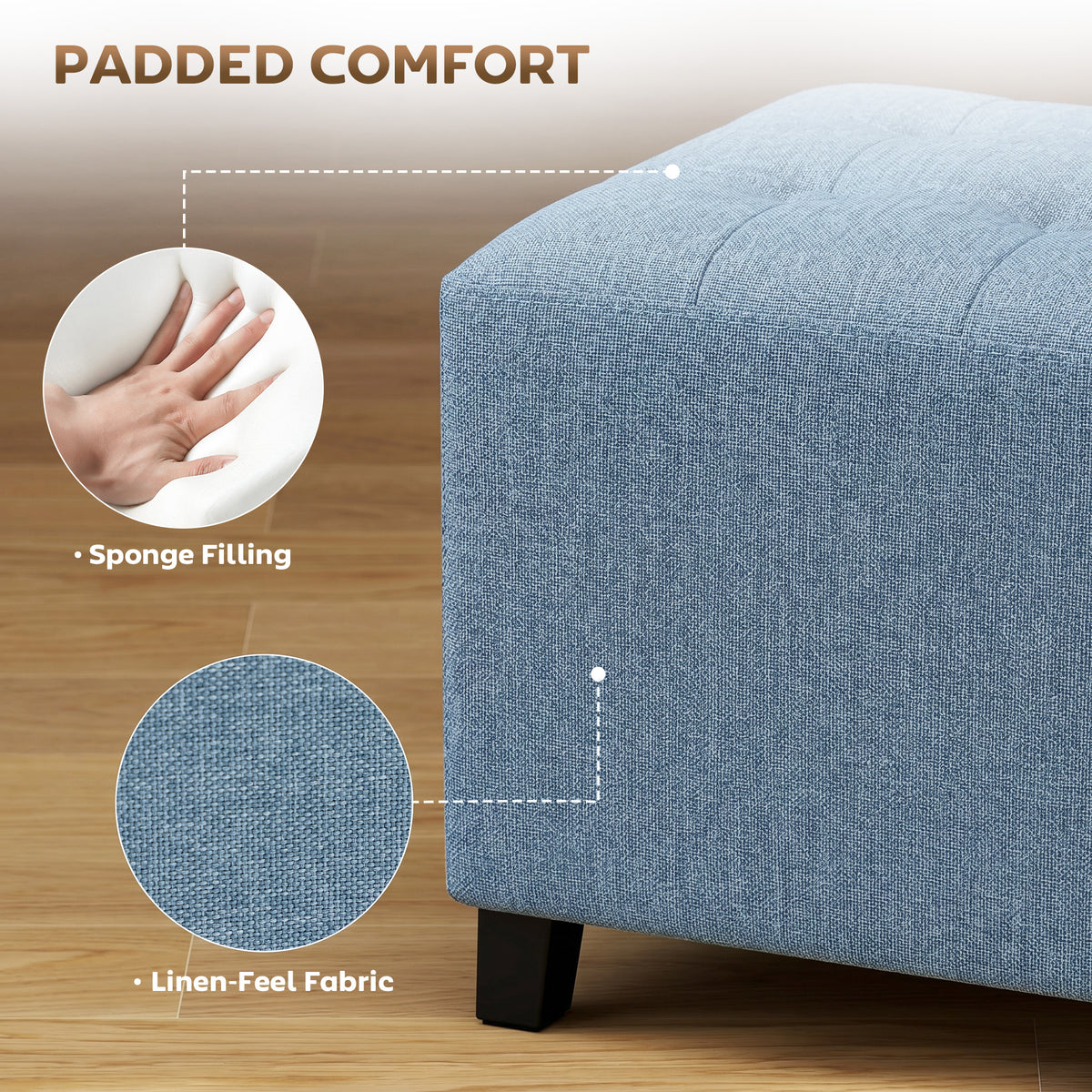 HOMCOM Small Ottoman, Square Footstool with Side Pocket, Rubber Wood Legs and Padded Seat for Living Room, Dark Blue