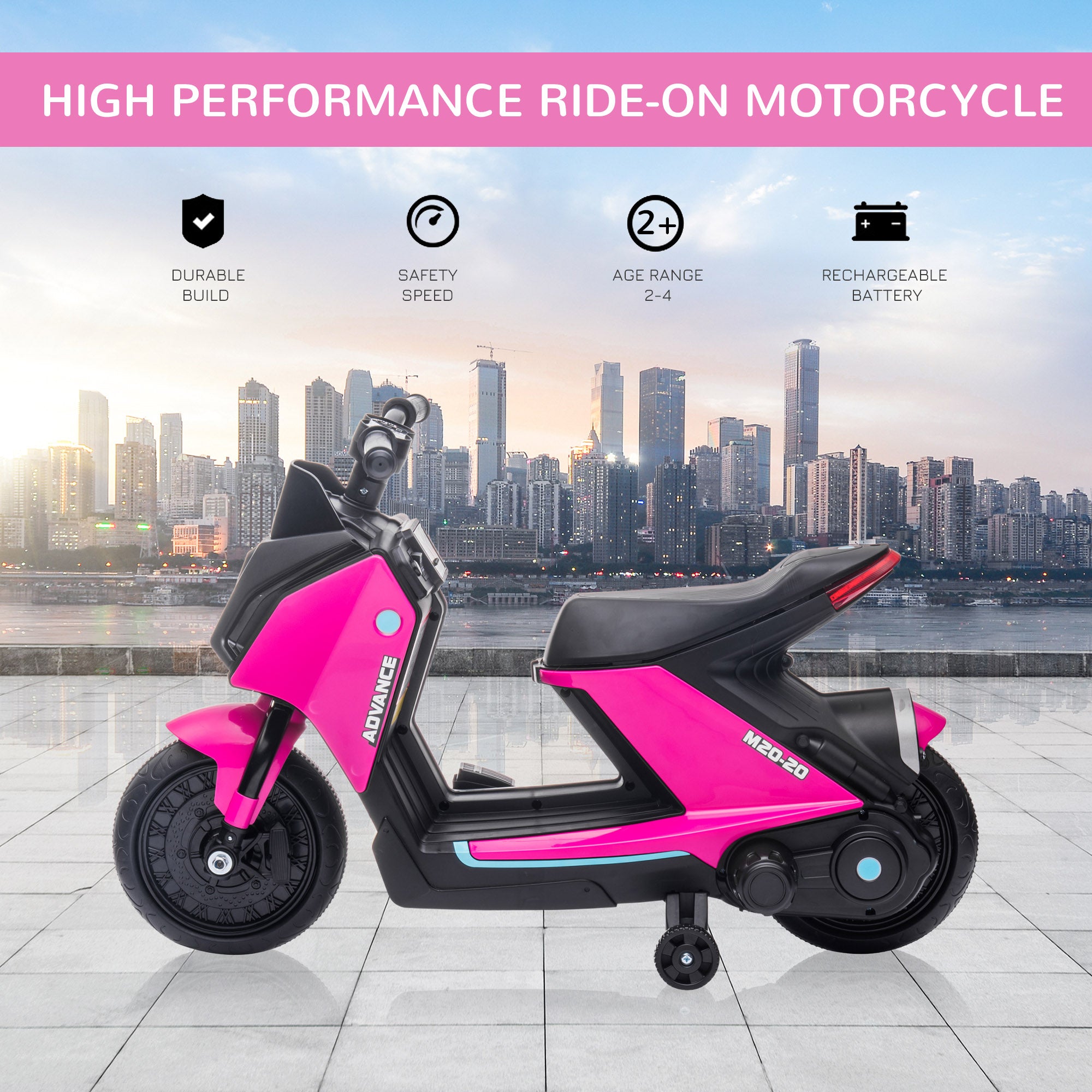 HOMCOM 6V Kids Electric Motorbike Ride On Toy w/ Music Headlights Safety Training Wheels for Girls Boy 2-4 Years Pink - North Peak Garden Furniture
