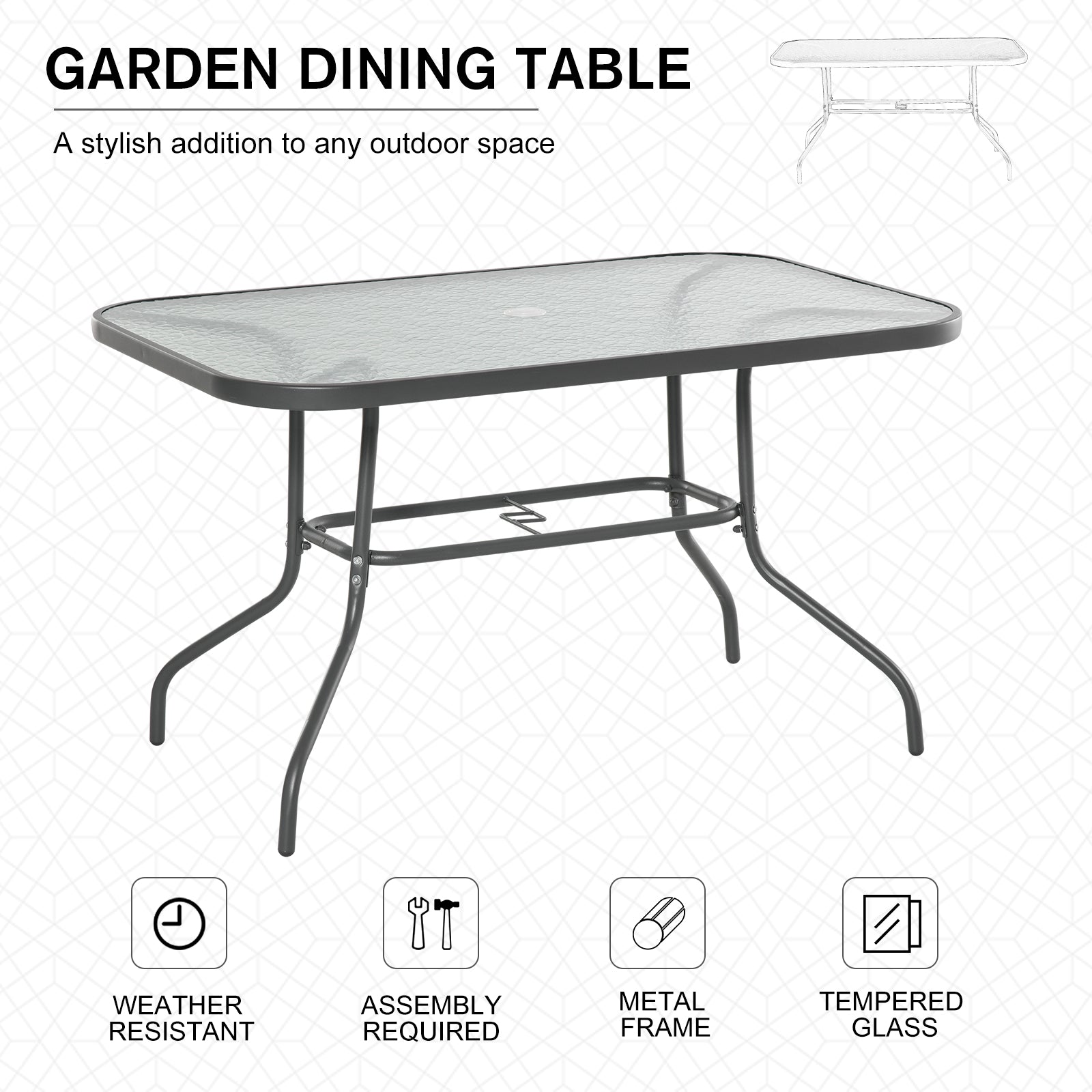 Outsunny Glass Top Garden Table Curved Metal Frame w/ Parasol Hole 4 Legs Outdoor  Balcony Sturdy Friends Family Dining Table  -Grey