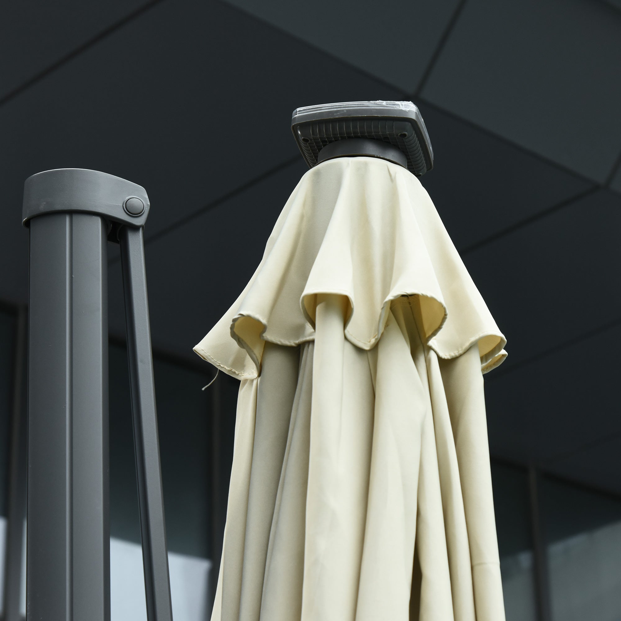Outsunny 3(m) LED Cantilever Parasol Garden Sun Umbrella w/ Base and Solar Lights Beige - North Peak Garden Furniture