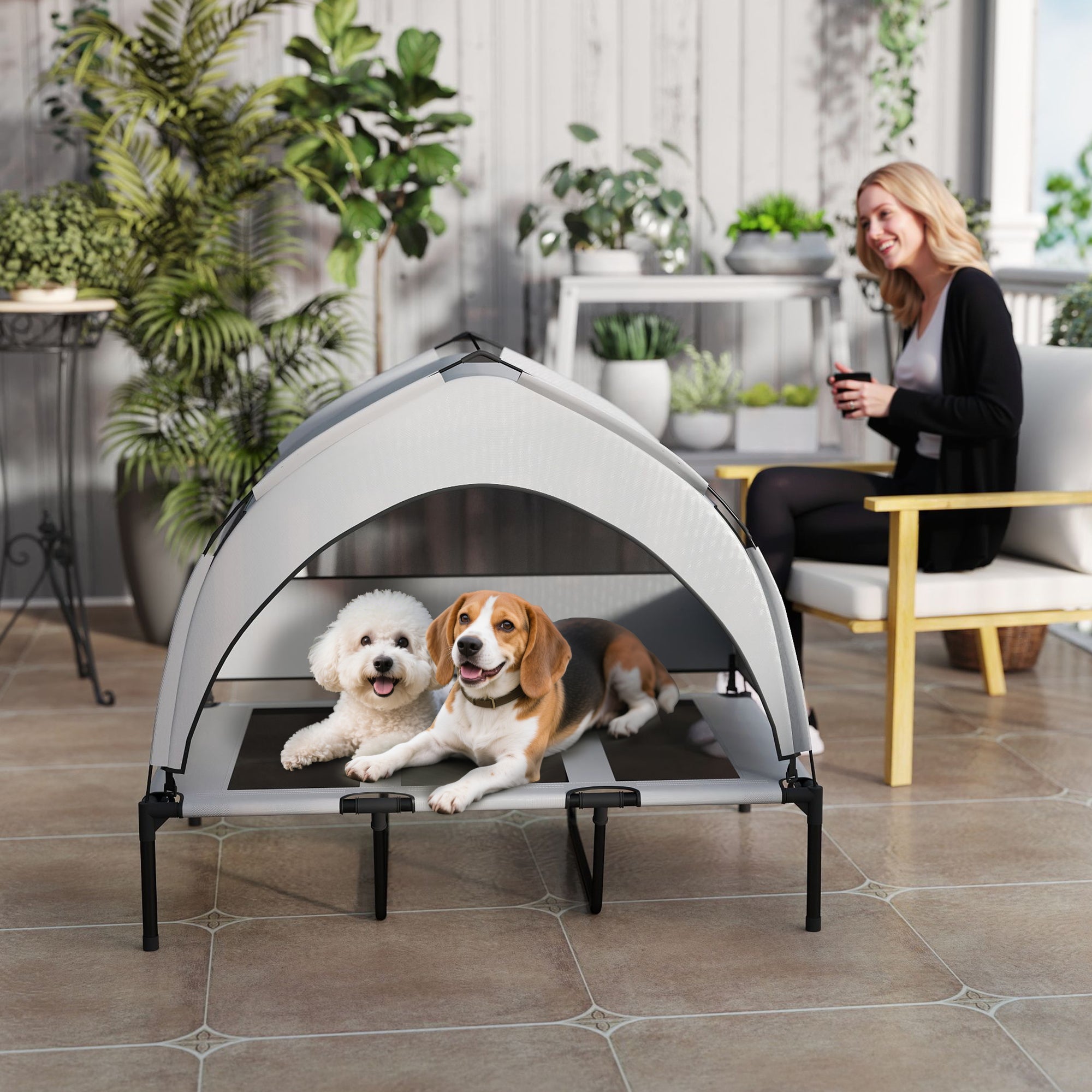 PawHut Portable Elevated Dog Bed with Removable Canopy, Cooling Raised Pet Cot for Large Dogs, 106 x 76 x 94 cm - North Peak Garden Furniture