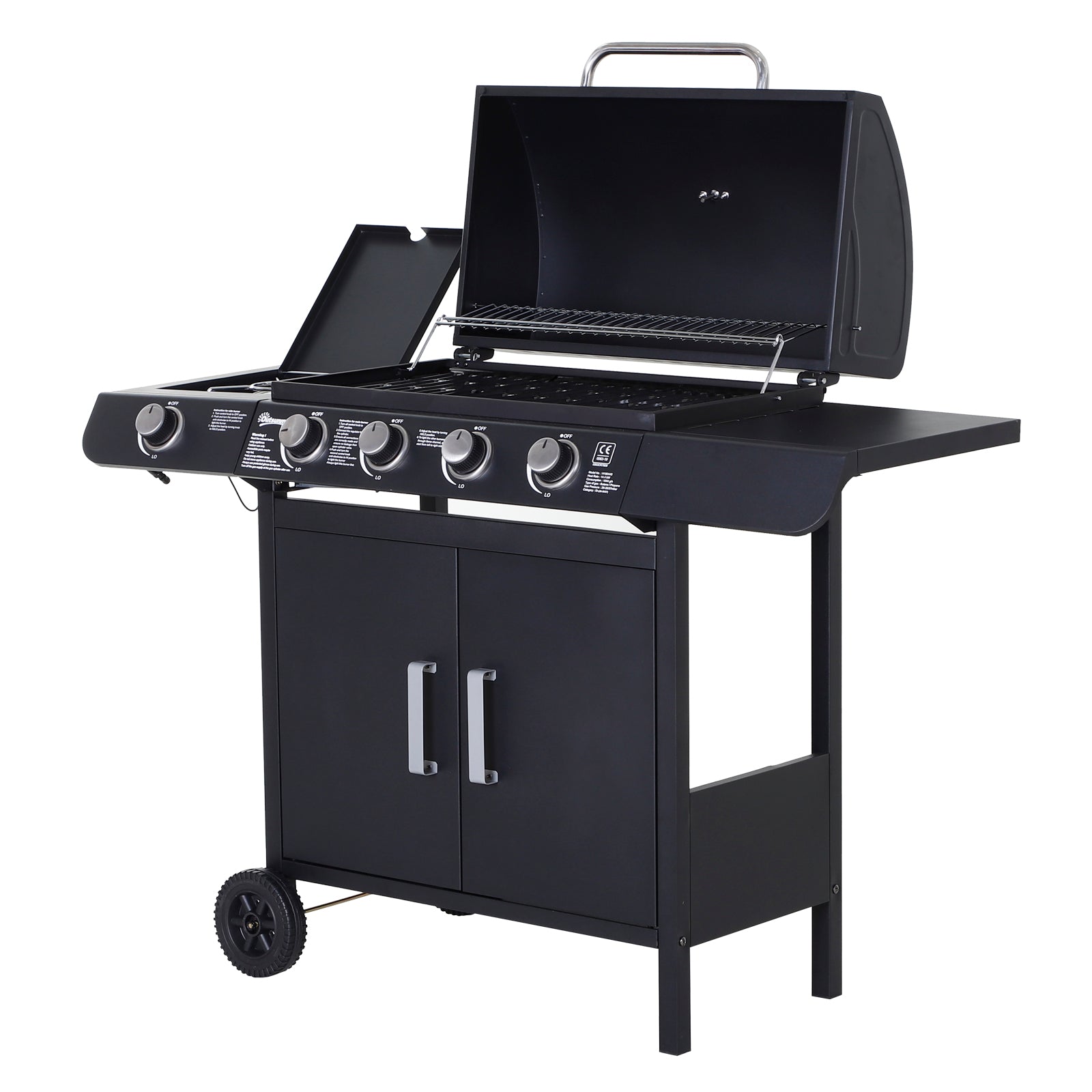 Outsunny 4+1 Gas Burner Grill BBQ Trolley Backyard Garden Smoker Side Burner Barbecue w/ Storage Side Table Wheels - North Peak Garden Furniture