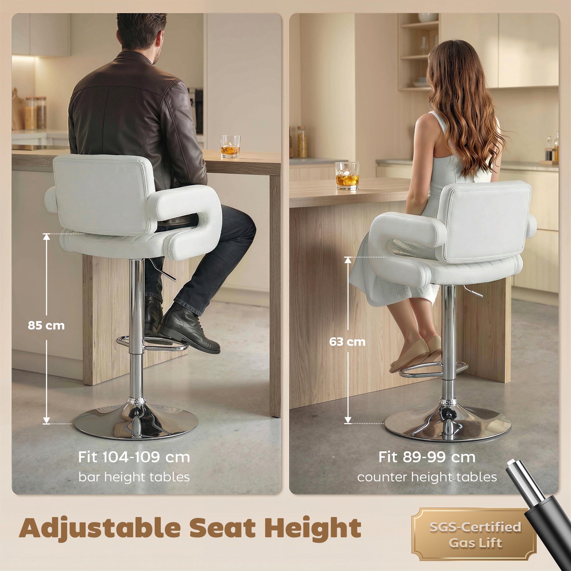 HOMCOM Bar Stools Adjustable Swivel Kitchen Chairs with Backrest Armrest Set of 2 PU Leather White
