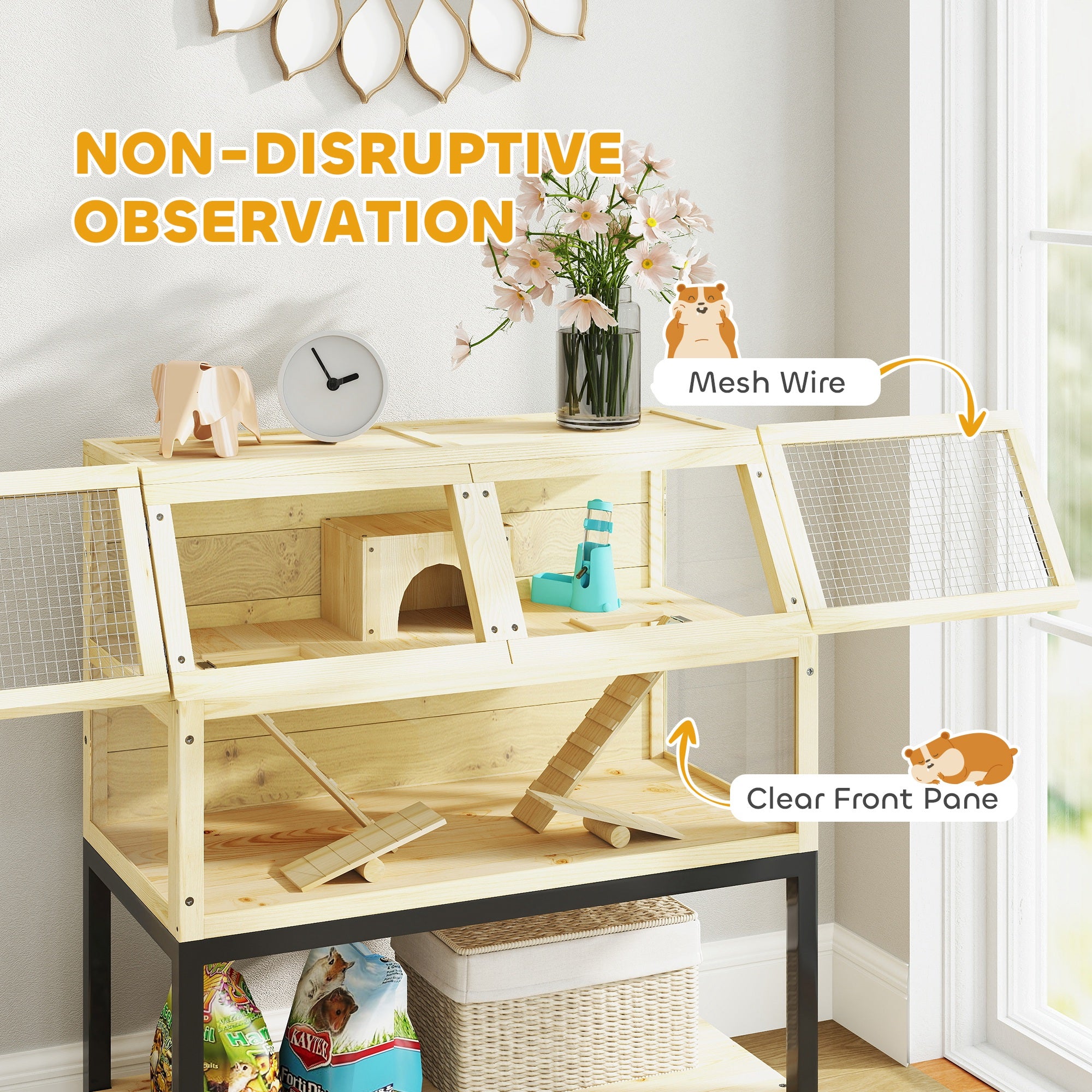 PawHut Wooden Hamster Cage with Storage Shelf, Wheels, Ramps, Water Bottle, Hut, Seesaws, 87 x 43 x 101cm - North Peak Garden Furniture