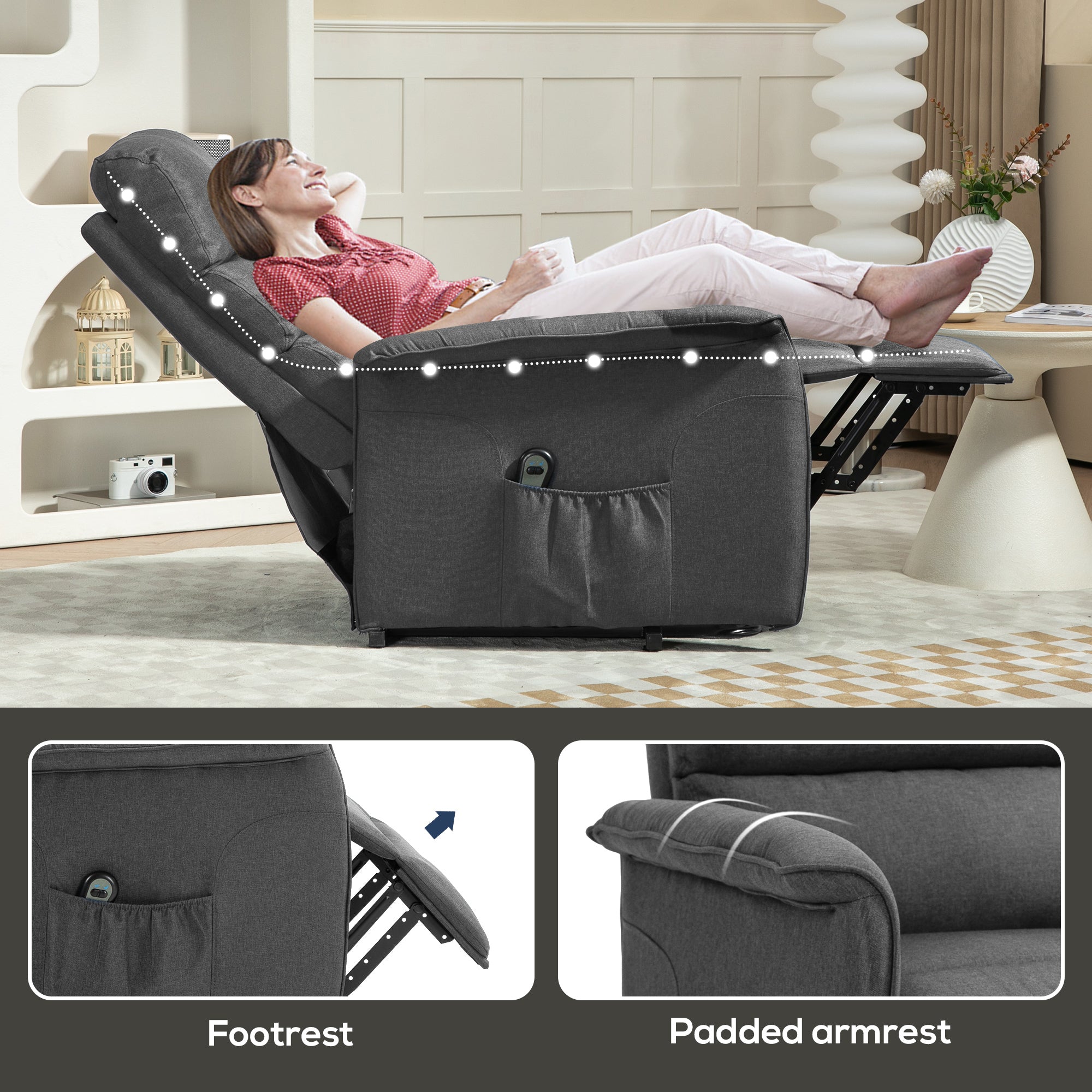 HOMCOM Electric Riser Recline Armchair, with Footrest - Dark Grey - North Peak Garden Furniture
