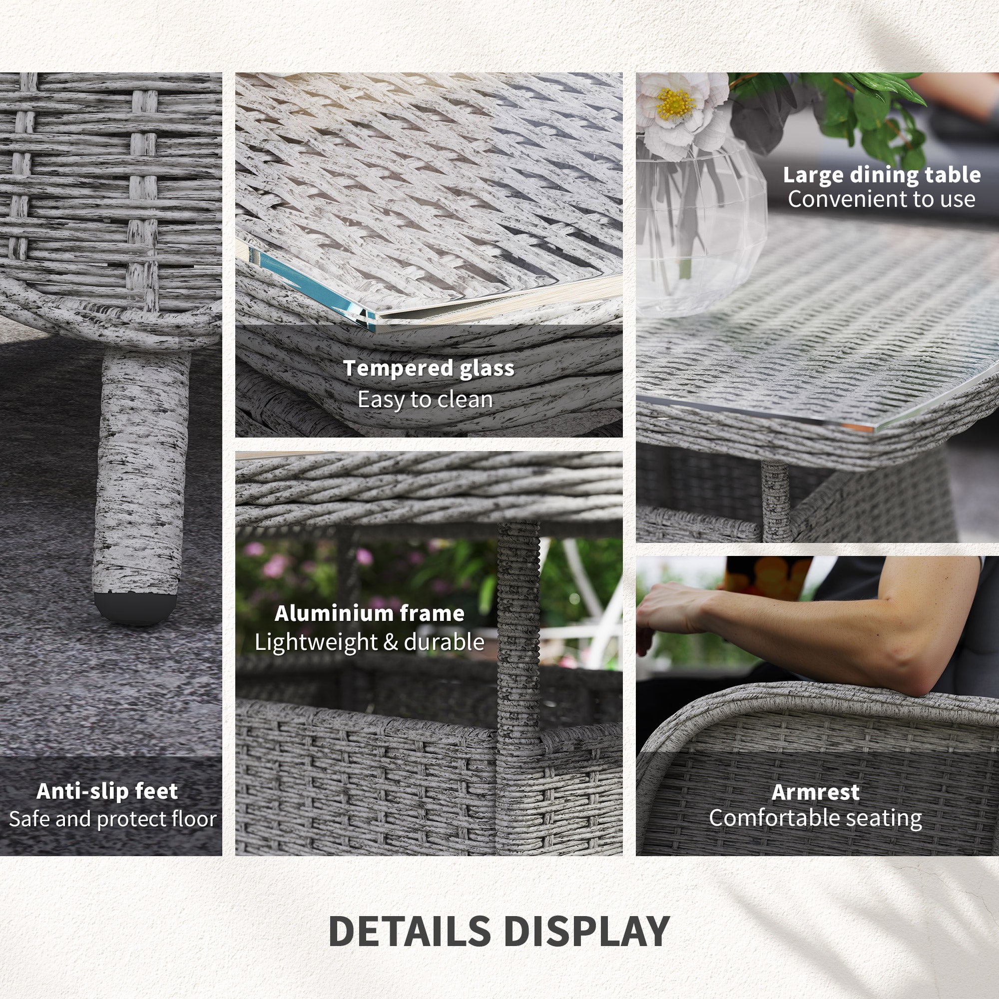 Outsunny Garden PE Rattan Dining Sofa Set, Outdoor 4 Seater Wicker Furniture, High Back Chairs with Cushions, Tempered Glass Coffee Table for Patio, Light Grey - North Peak Garden Furniture