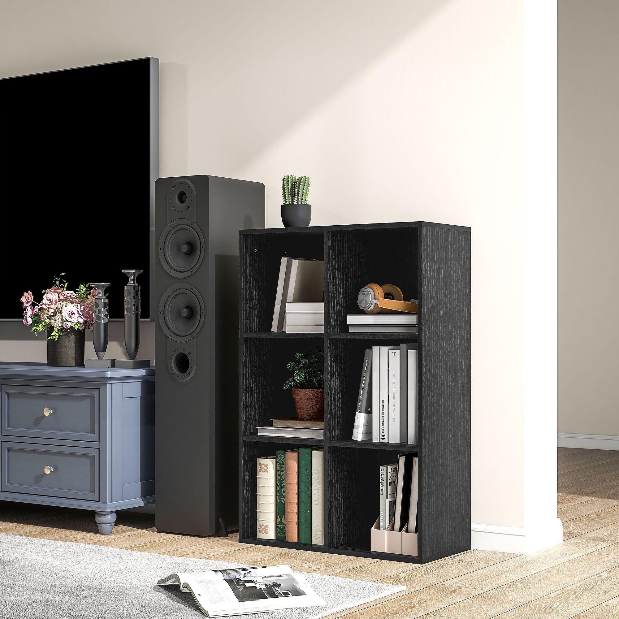 HOMCOM Six-Cube Bookcase - Black Wood Effect - North Peak Garden Furniture