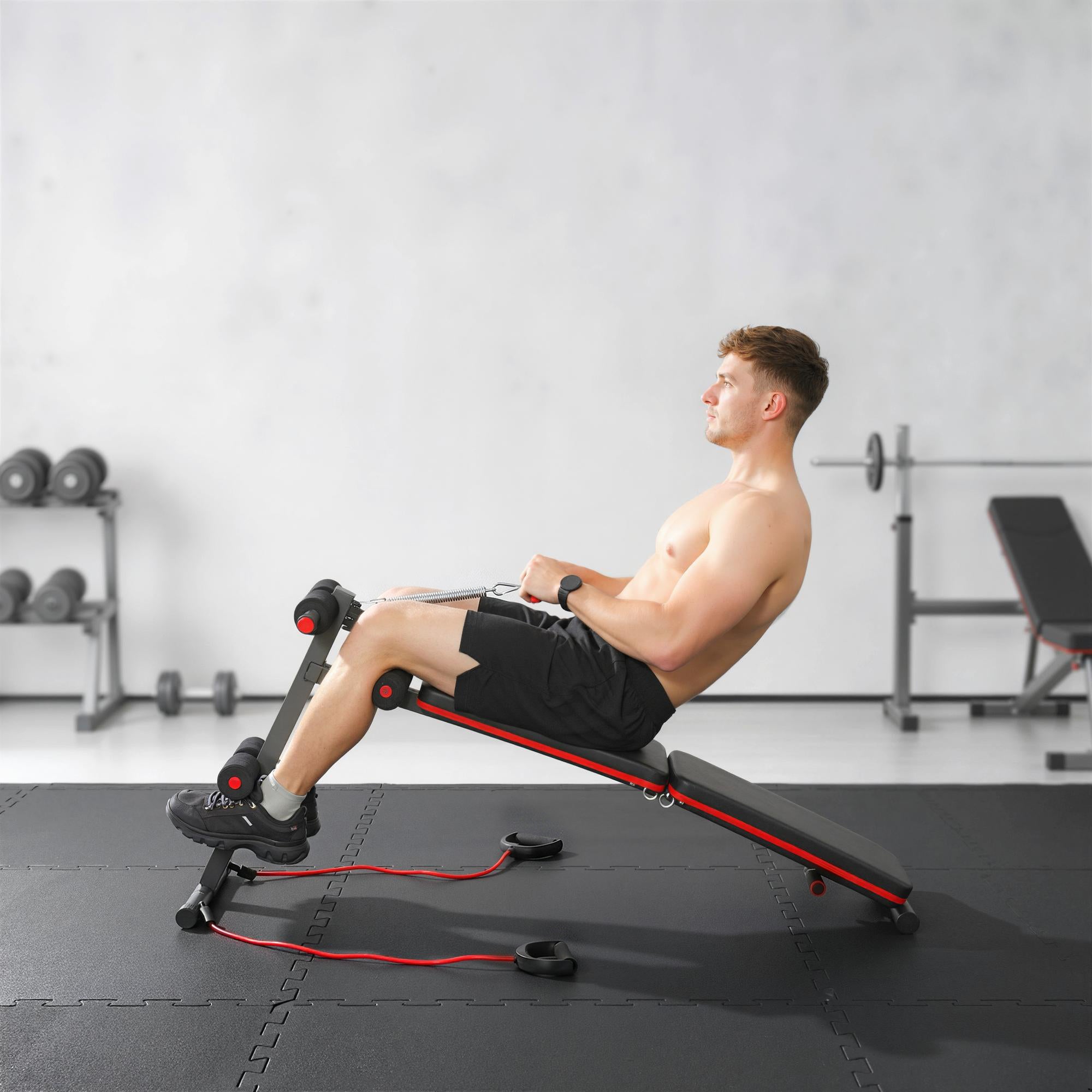 HOMCOM Sit Up Bench Core Workout Adjustable Thigh Support Foldable for Home Gym w/ Arm Pulling Rope Black