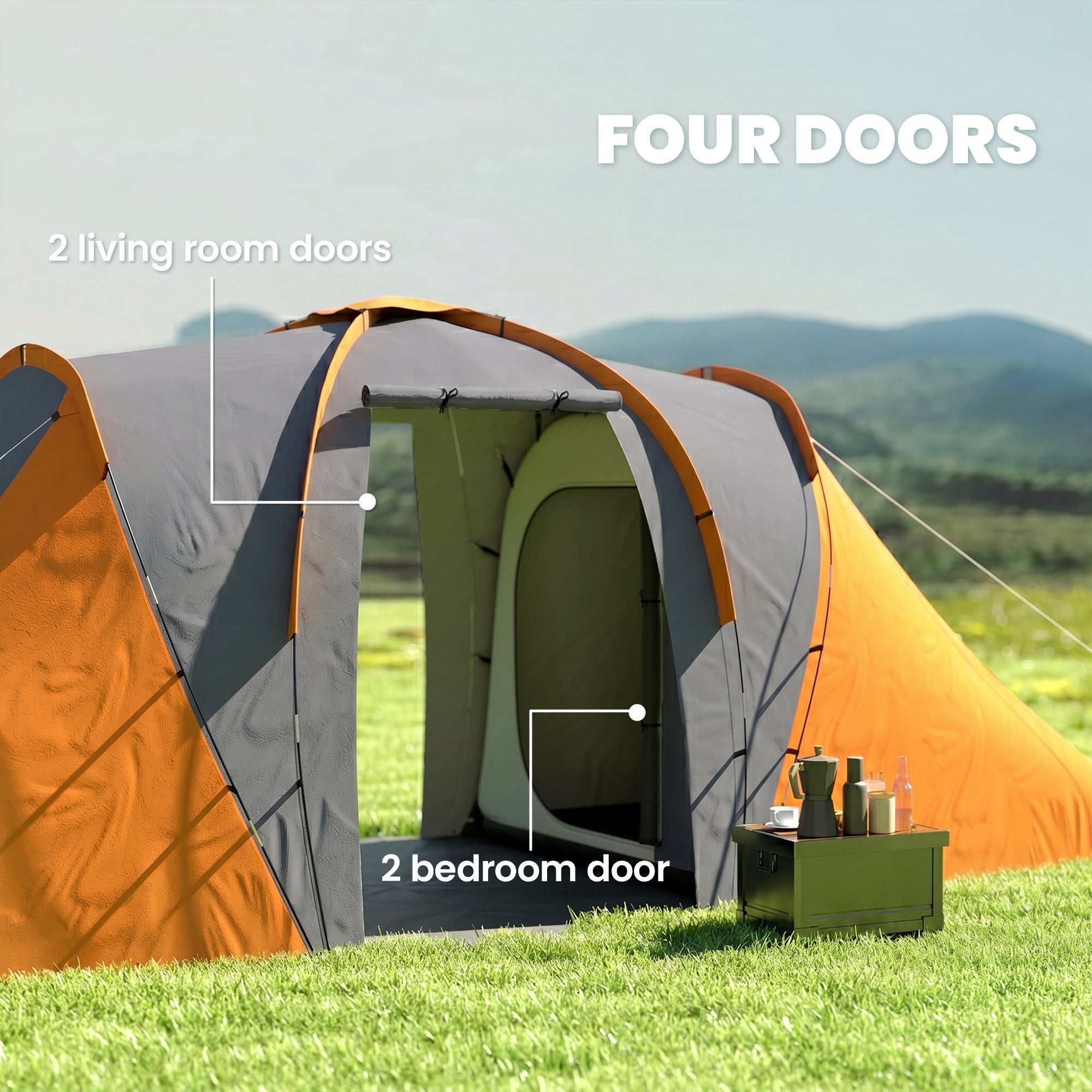 Outsunny Large Camping Tent Tunnel Tent with 2 Bedroom and Living Area, 2000mm Waterproof, Portable with Bag for 4-6 Man, Orange