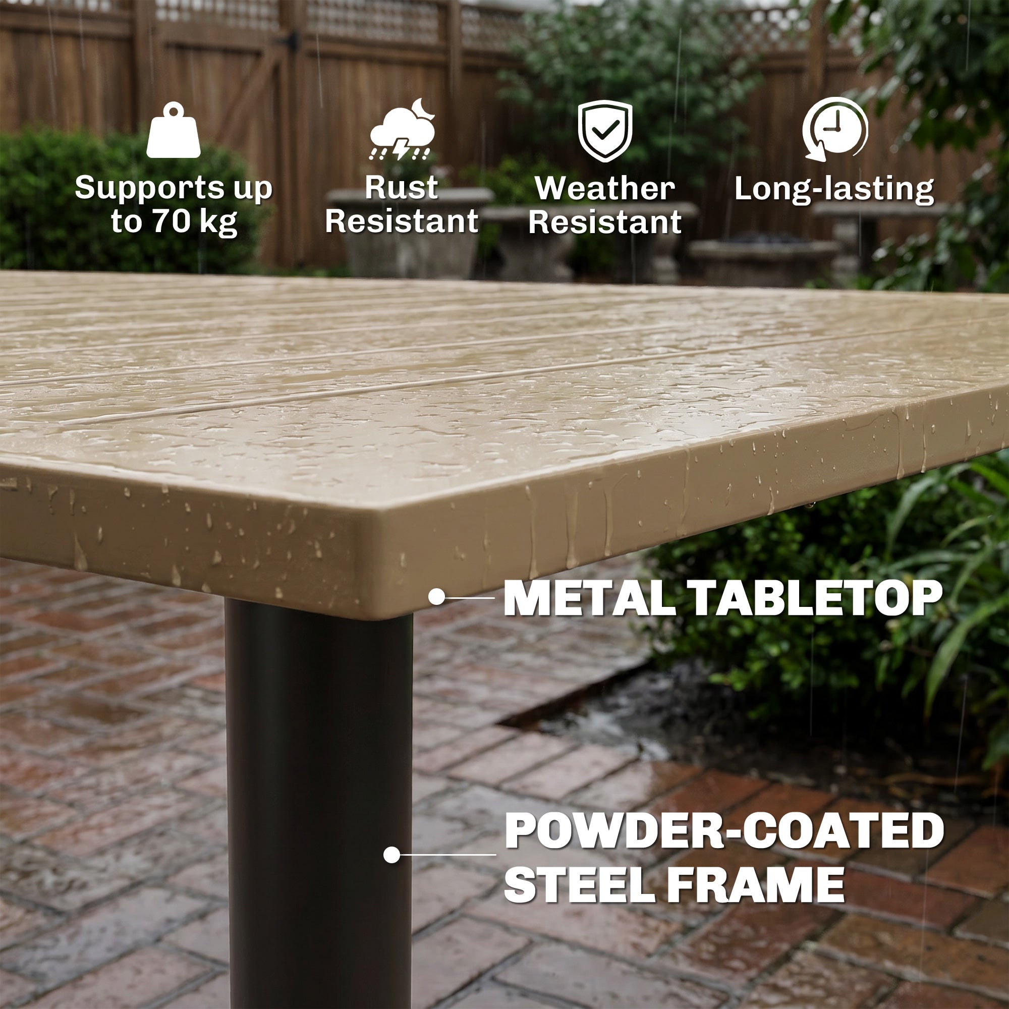 Outsunny Garden Dining Table for 6 Person, Rectangle Outdoor Coffee Table with 5 cm Parasol Hole, Slatted Tabletop and Steel Frame for Patio Balcony, Brown