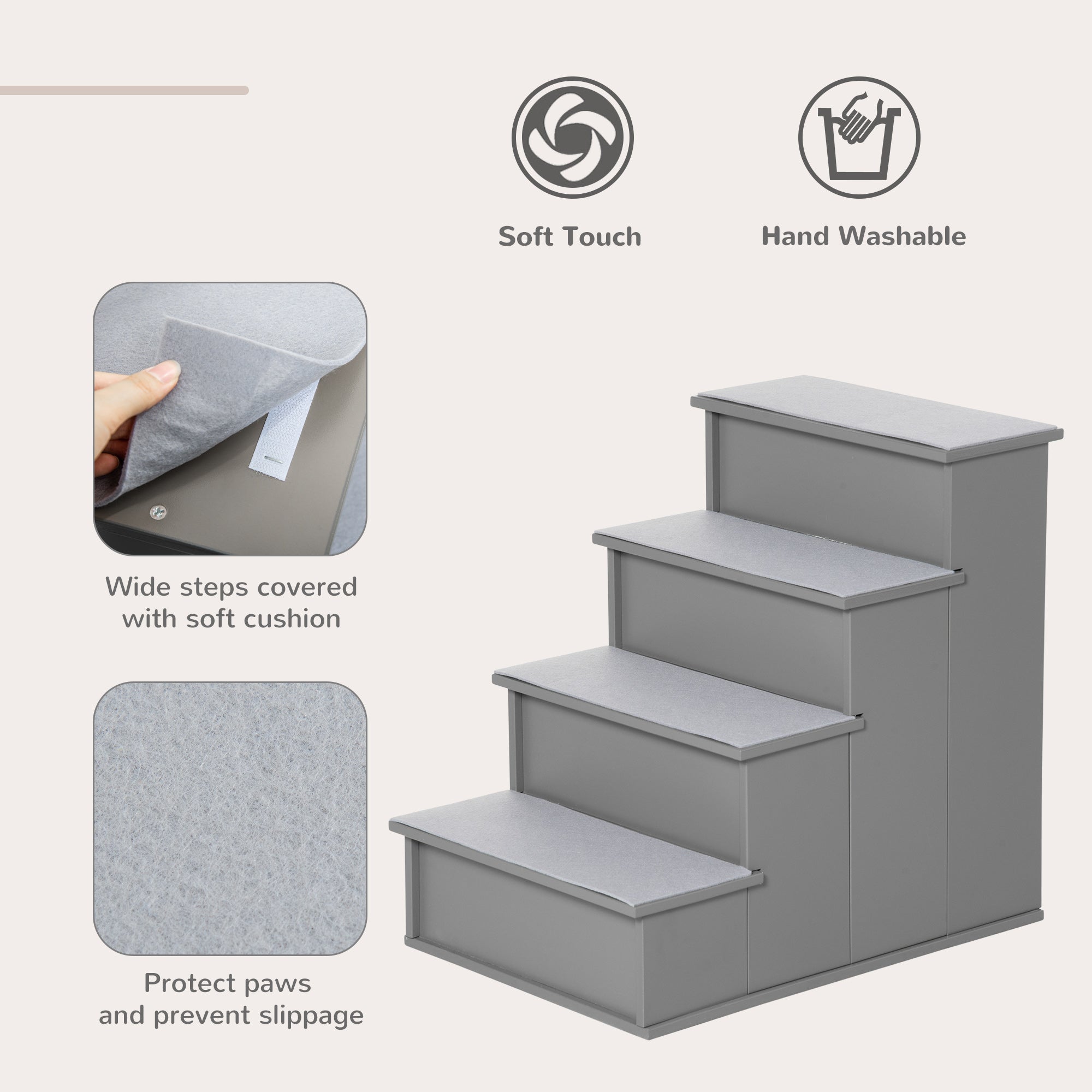 PawHut 4 Step Wooden Dog Steps Pet Stairs for Dogs, Cat Ladder for Bed Couch with Non-Slip Carpet 40 x 59 x 54.2 cm, Grey - North Peak Garden Furniture