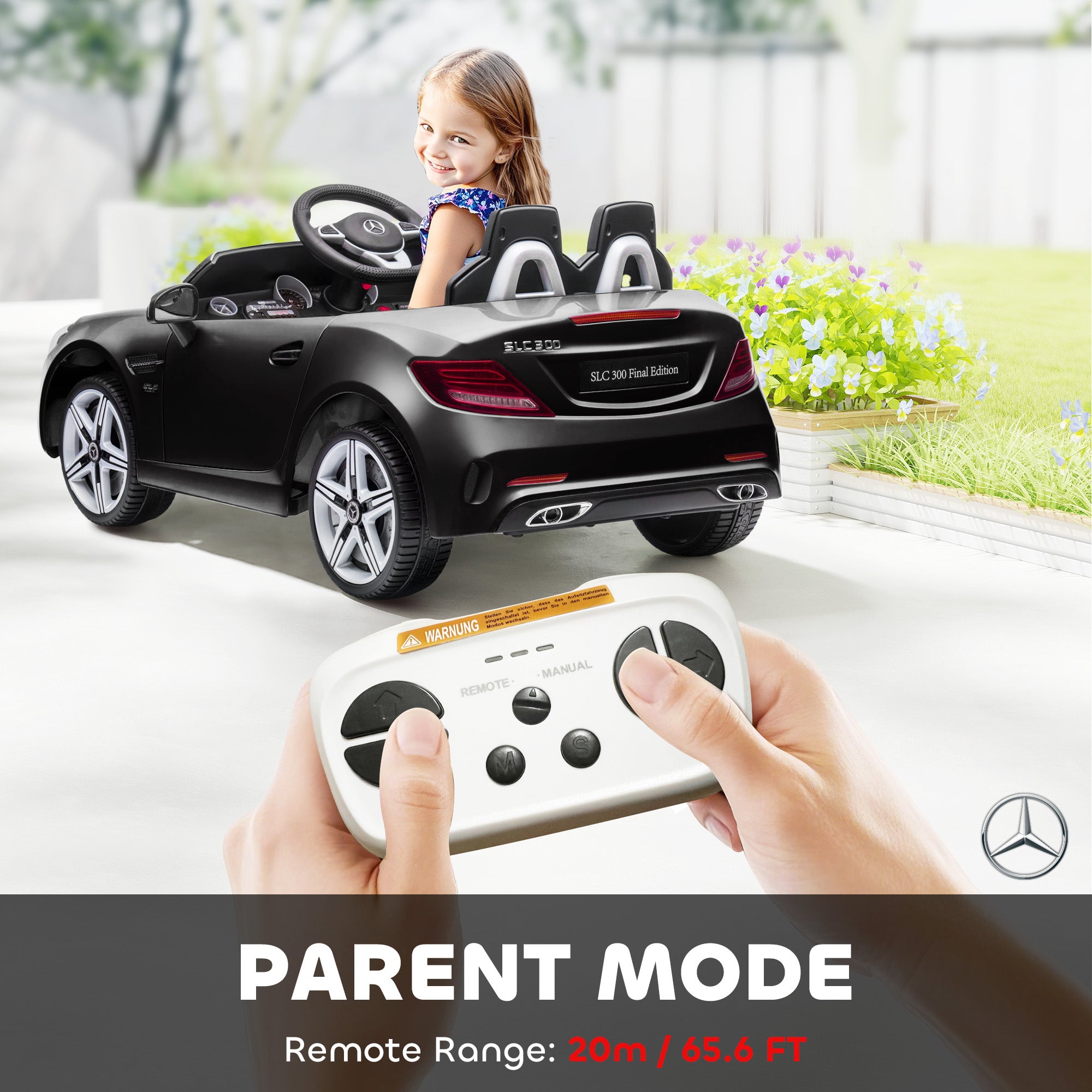 AIYAPLAY Benz SLC 300 Licensed 12V Kids Electric Ride On Car with Parental Remote Two Motors Music Lights Suspension Wheels for 3-6 Years Black