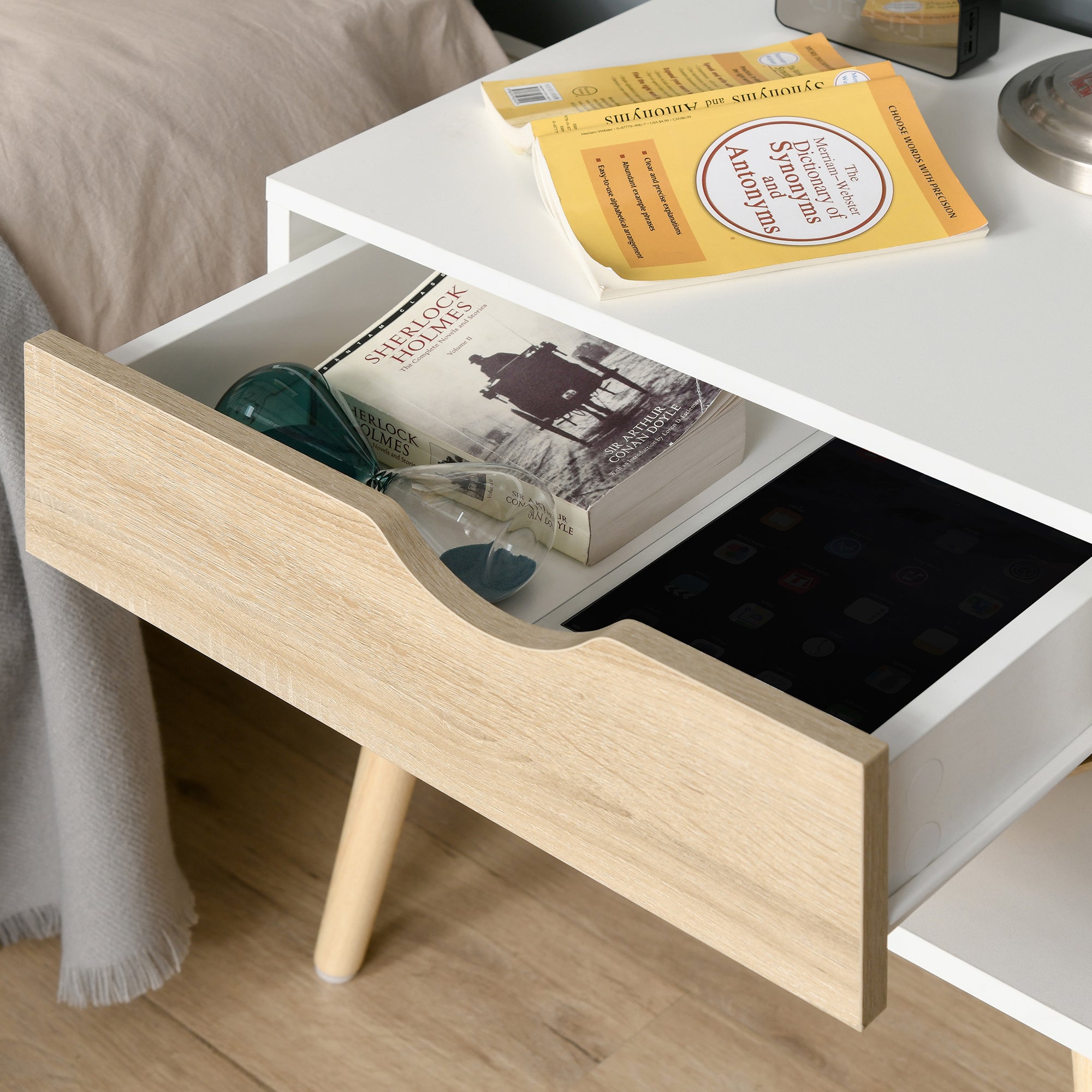 HOMCOM Bedside Table with Drawer and Shelf, Modern Nightstand, End Table for Bedroom, Living Room, White - North Peak Garden Furniture