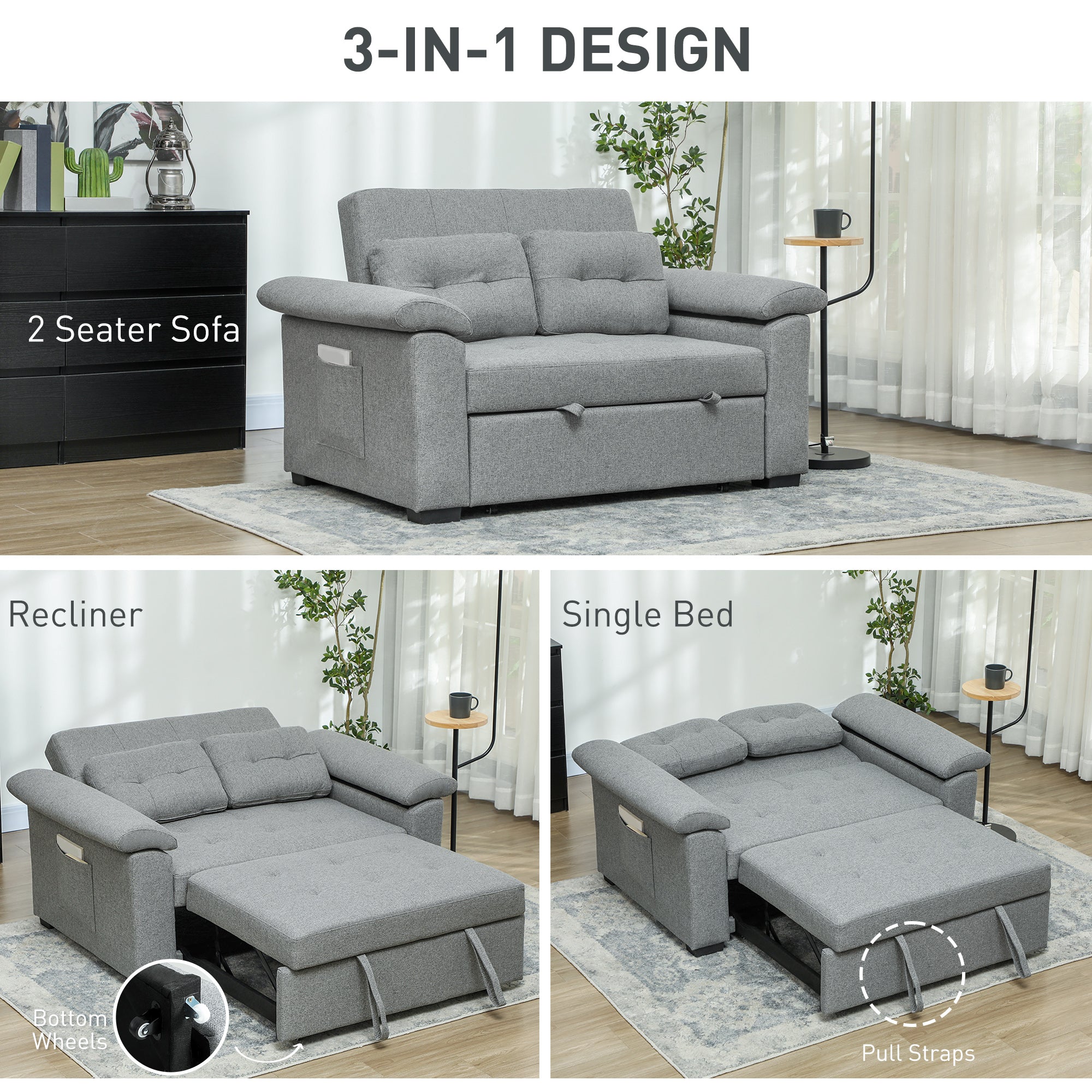 HOMCOM Pull Out Sofa Bed with 2 Pocket Springs, Fabric 2 Seater Click Clack Sofa Bed Settee, Convertible Sofa Couch with Pillows and Side Pockets for Living Room, Home Office, Light Grey - North Peak Garden Furniture