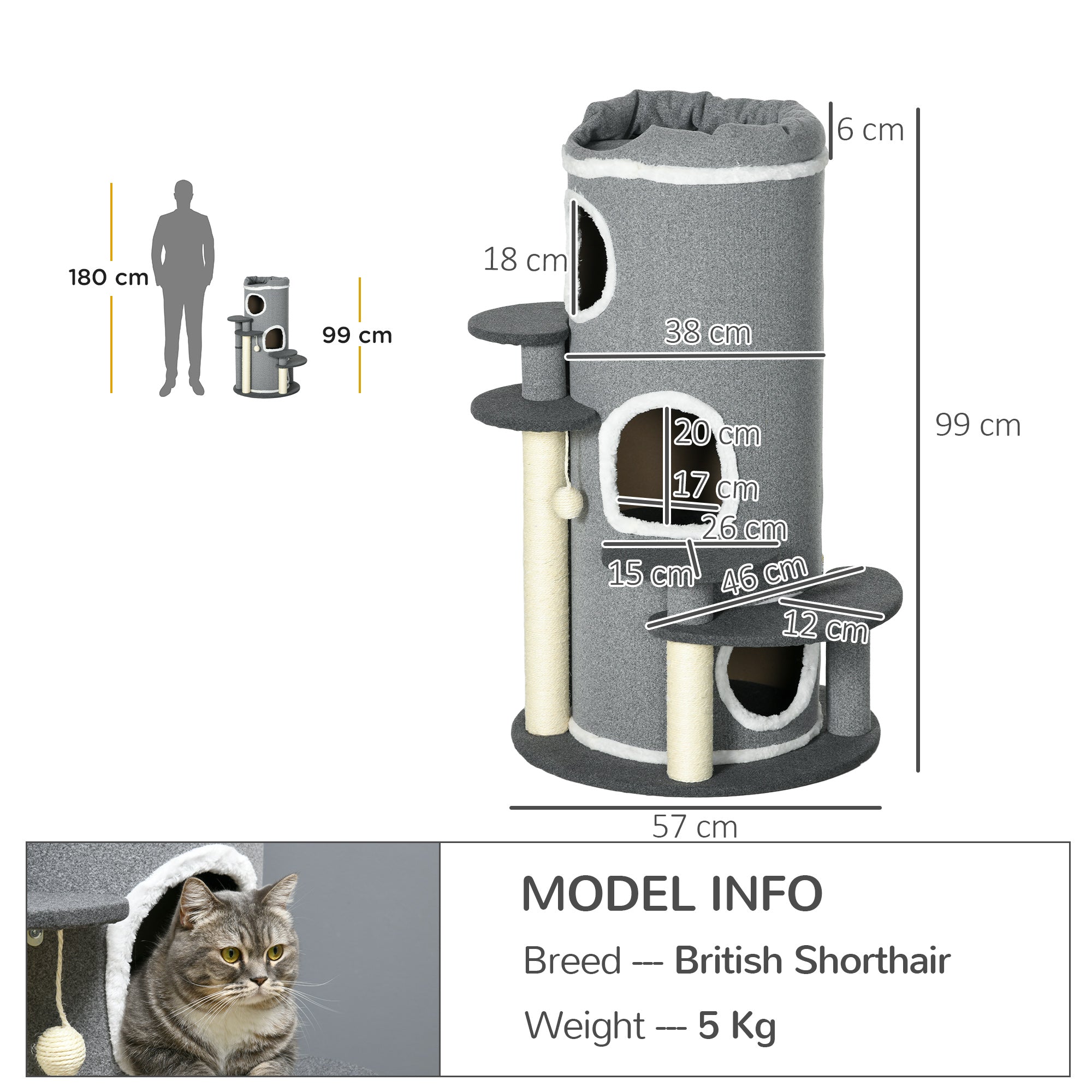 PawHut Barrel Shaped Cat Tree with Sisal Scratching Posts, Cat Bed, Platforms, Hanging Ball, Grey, Grey - North Peak Garden Furniture