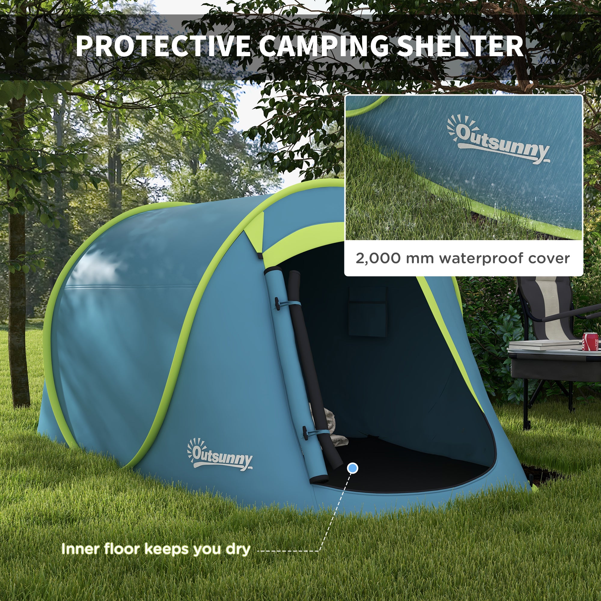 Outsunny Two-Man Pop-Up Dome Tent, with Accessories - Blue - North Peak Garden Furniture