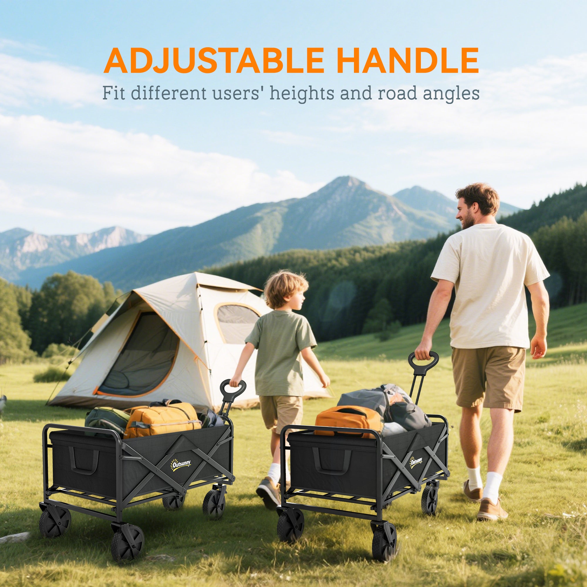 Outsunny Folding Steel Frame Garden Storage Cart, with Wheels and Handle - Black - North Peak Garden Furniture