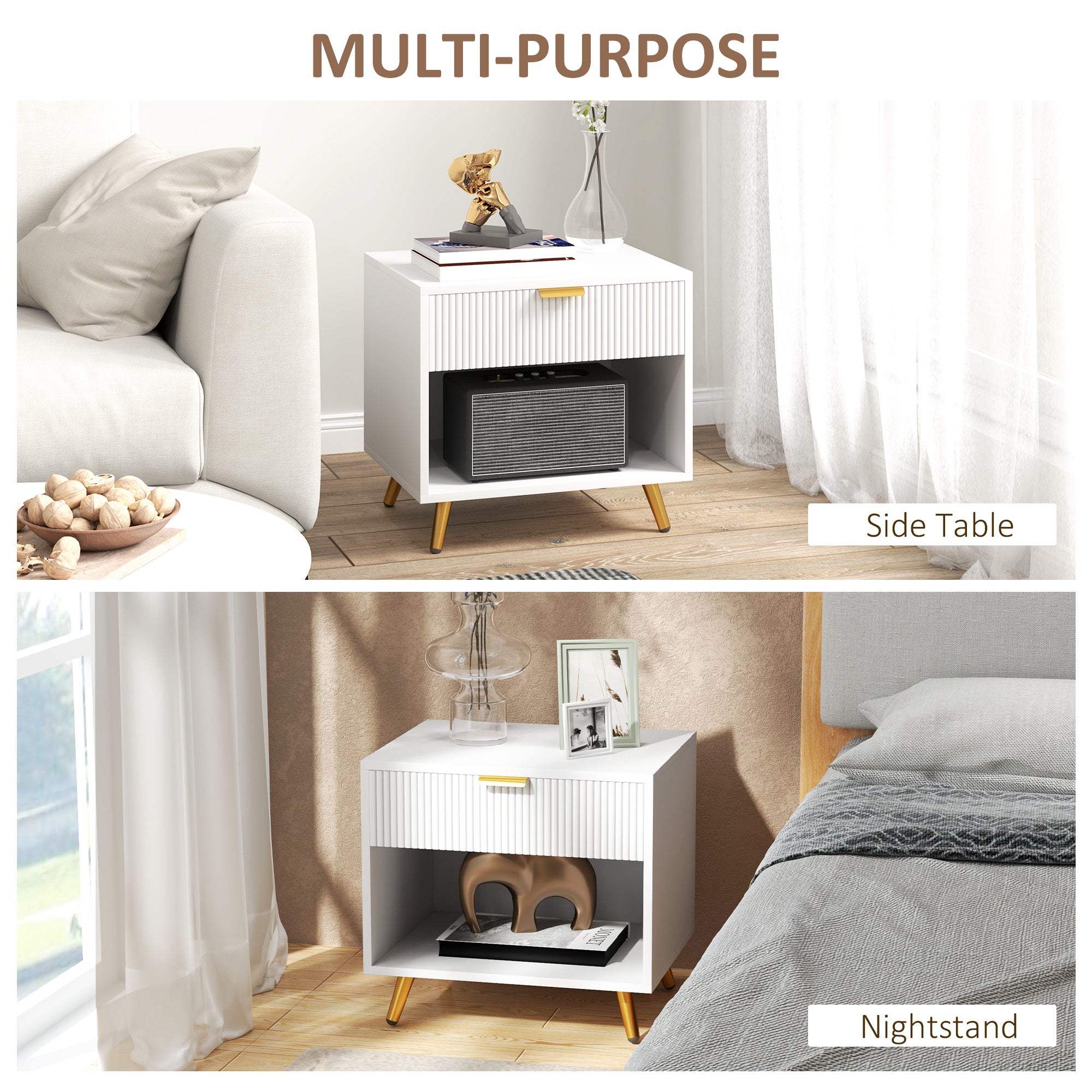 HOMCOM Elegant Bedside Table, with Drawer and Shelf - White/Gold Tone - North Peak Garden Furniture
