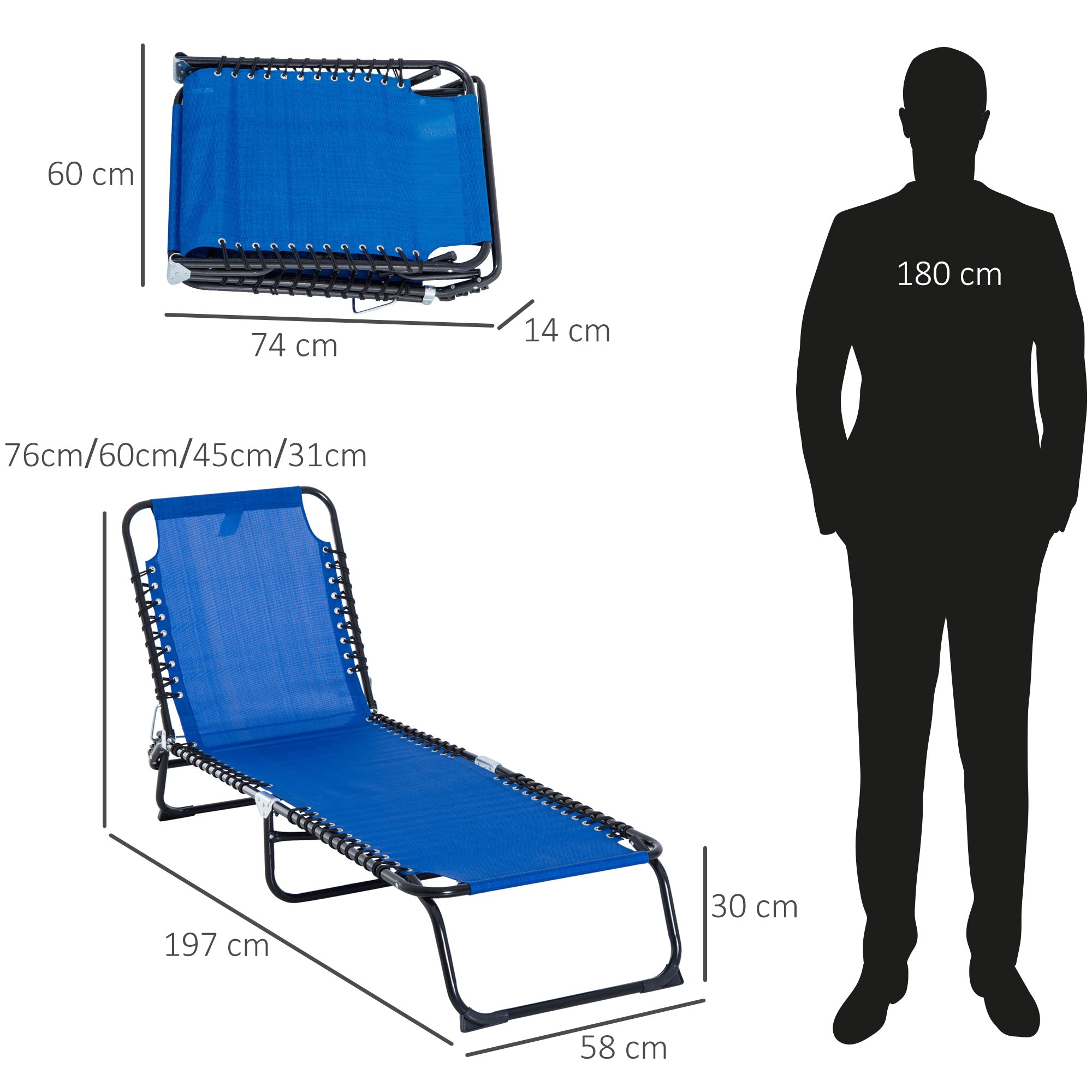 Outsunny Foldable Sun Lounger, Outdoor 4 Level Adjustable Backrest Reclining Chaise Chair, Steel Frame Recliner Chair for Camping, Hiking, Navy Blue - North Peak Garden Furniture