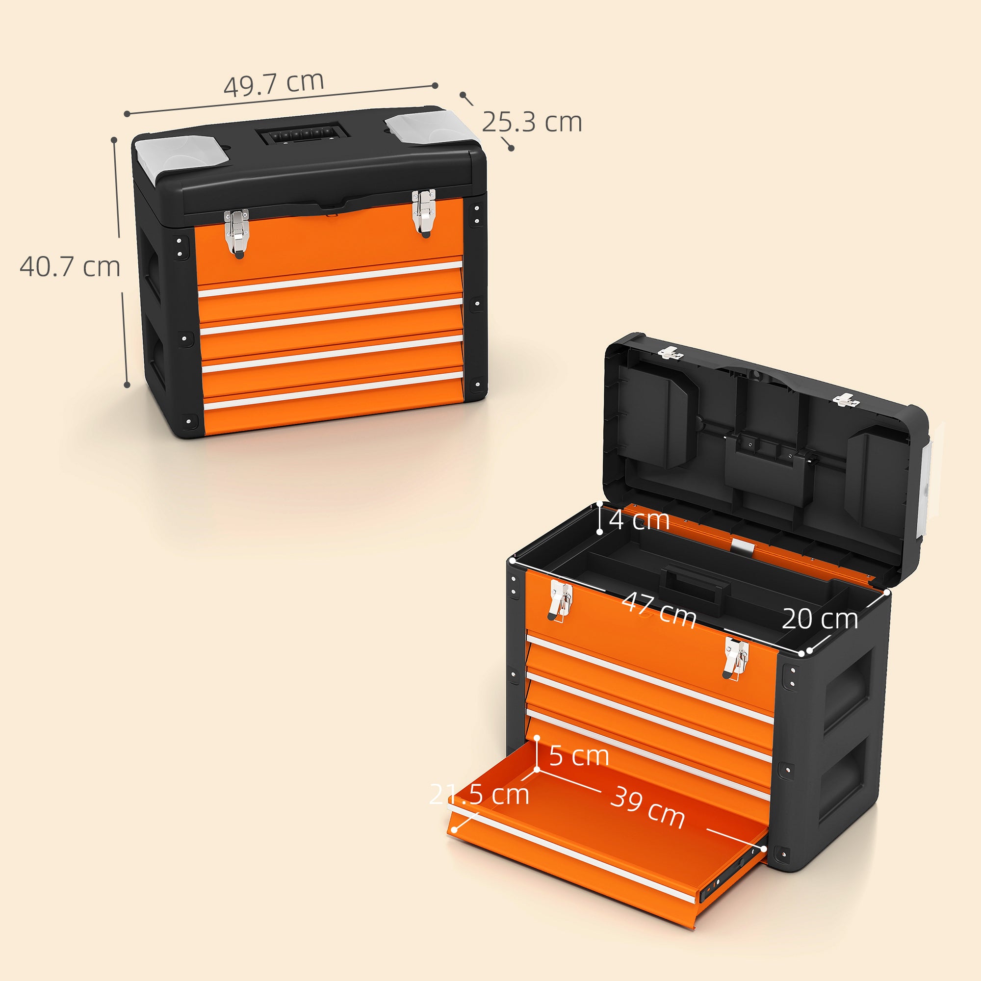 HOMCOM 4 Drawers Large Toolbox - Orange - North Peak Garden Furniture