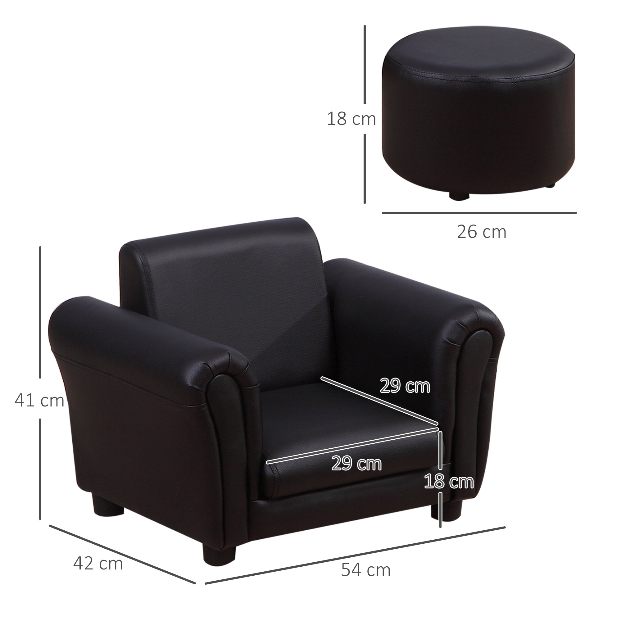 HOMCOM Toddler Chair Single Seater Kids Sofa Set, 54 x 42 x 41cm, Kids Sofa with Stool, Black - North Peak Garden Furniture