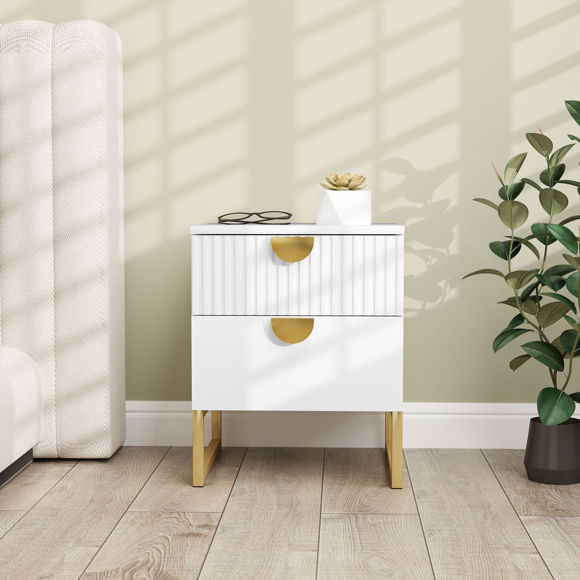 HOMCOM Elegant Two-Drawer Bedside Table - White - North Peak Garden Furniture