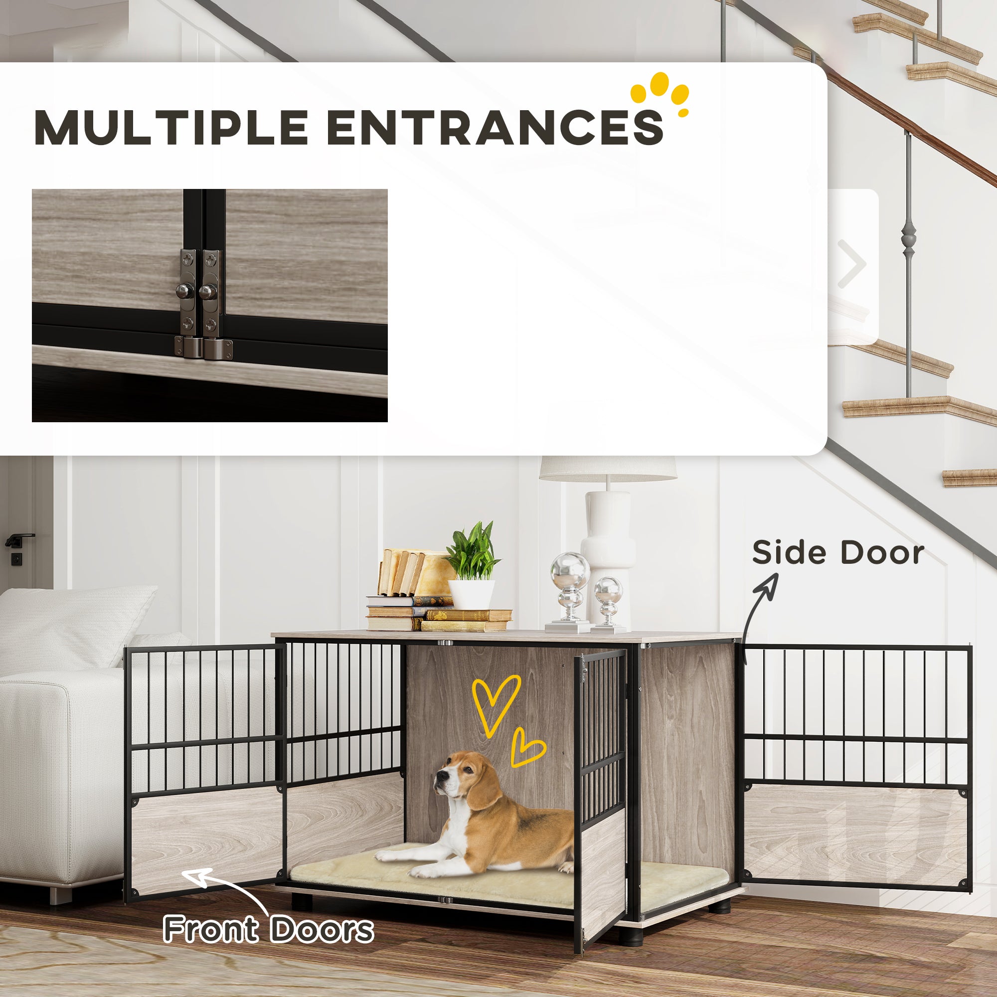 PawHut 100cm Furniture Style Dog Crate Dog Cage End Table Indoor with 3 Doors Soft Washable Cushion, for Large Sized Dogs - North Peak Garden Furniture