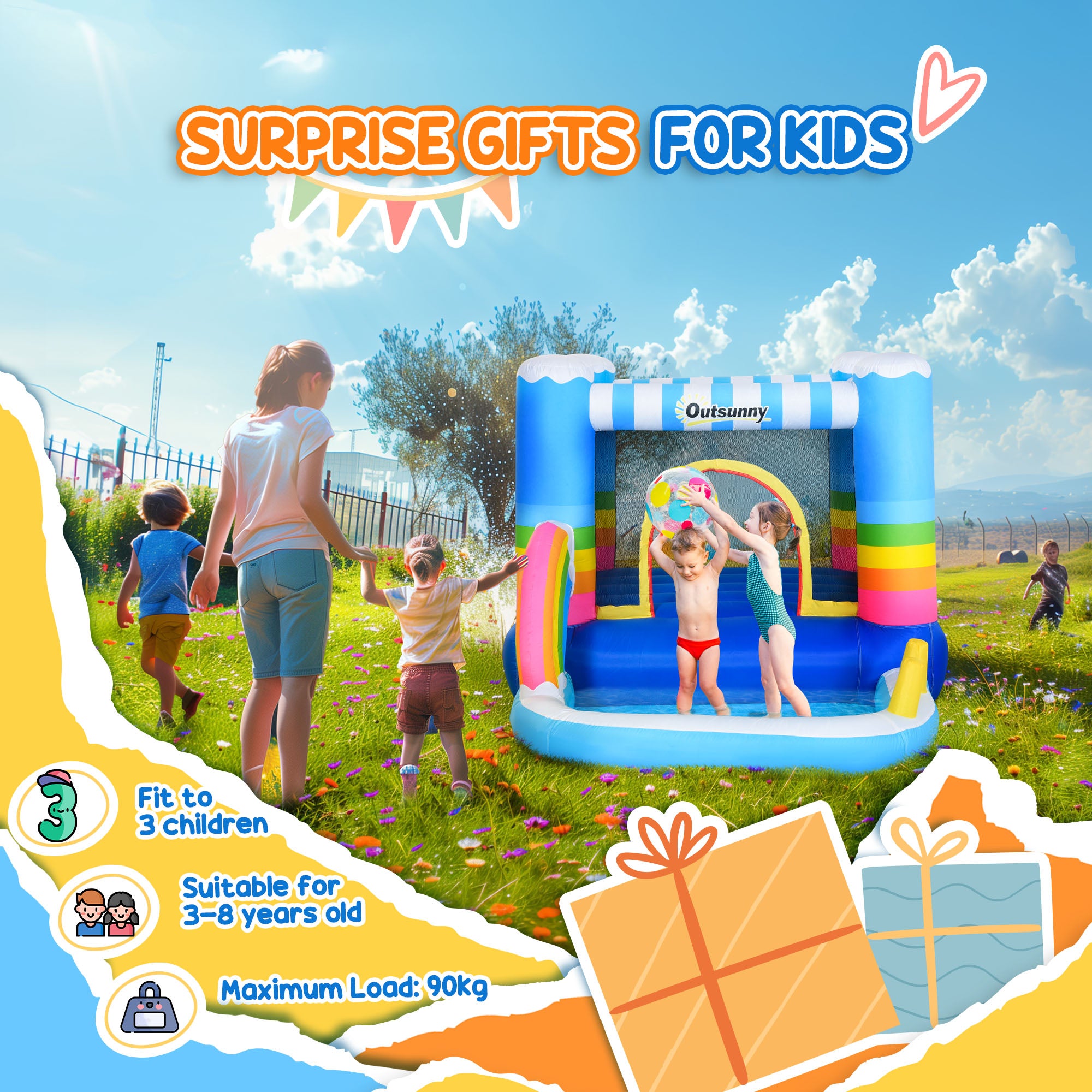 Outsunny Kids Bounce Castle Inflatable House with Trampoline Pool Climbing Wall with Inflator Carrybag, 2.8 x 1.7 x 1.55m - North Peak Garden Furniture
