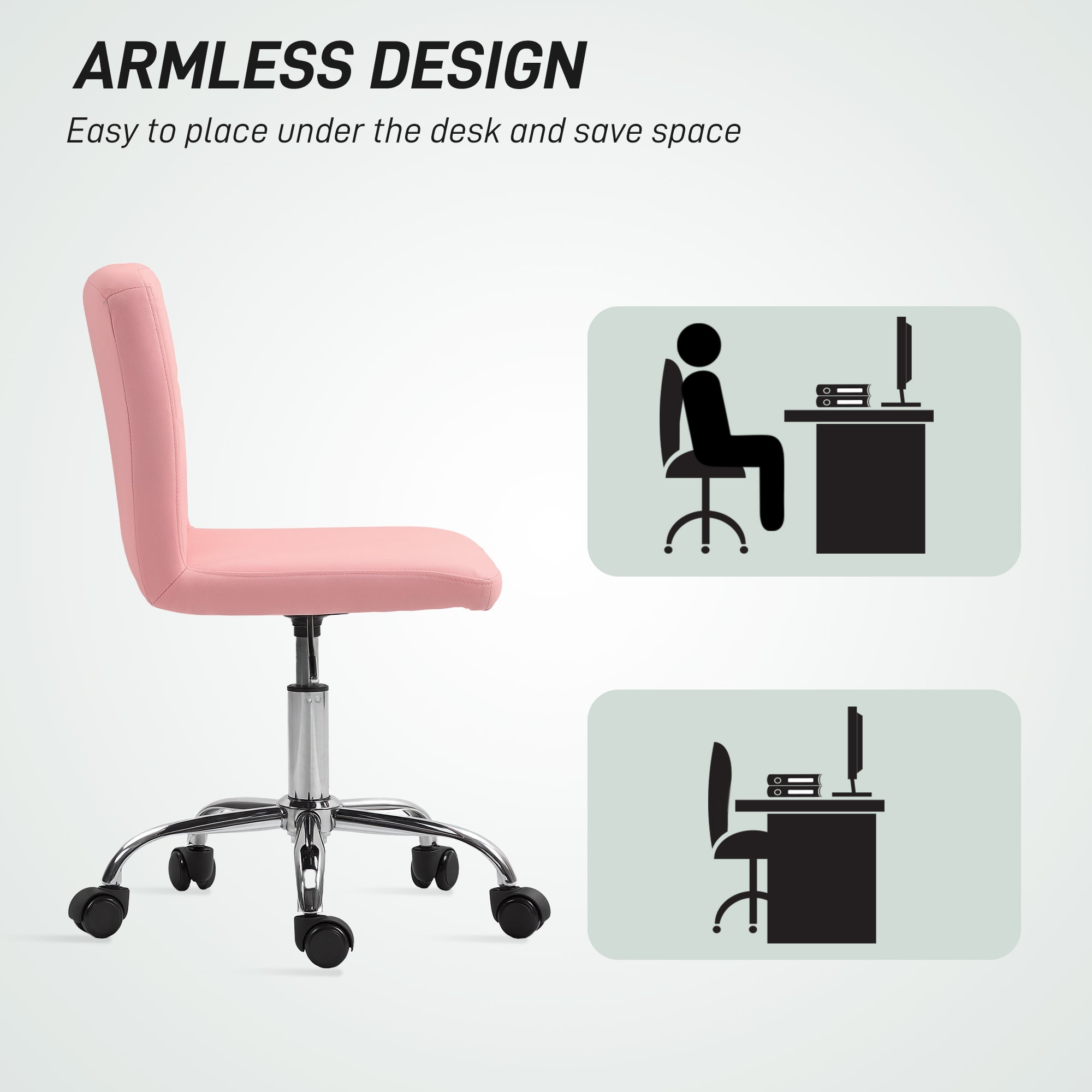 HOMCOM PU Leather Armless Office Chair, Modern Vanity Computer Swivel Chair with Rolling Wheels and Adjustable Height for Home Study, Bedroom, Pink - North Peak Garden Furniture