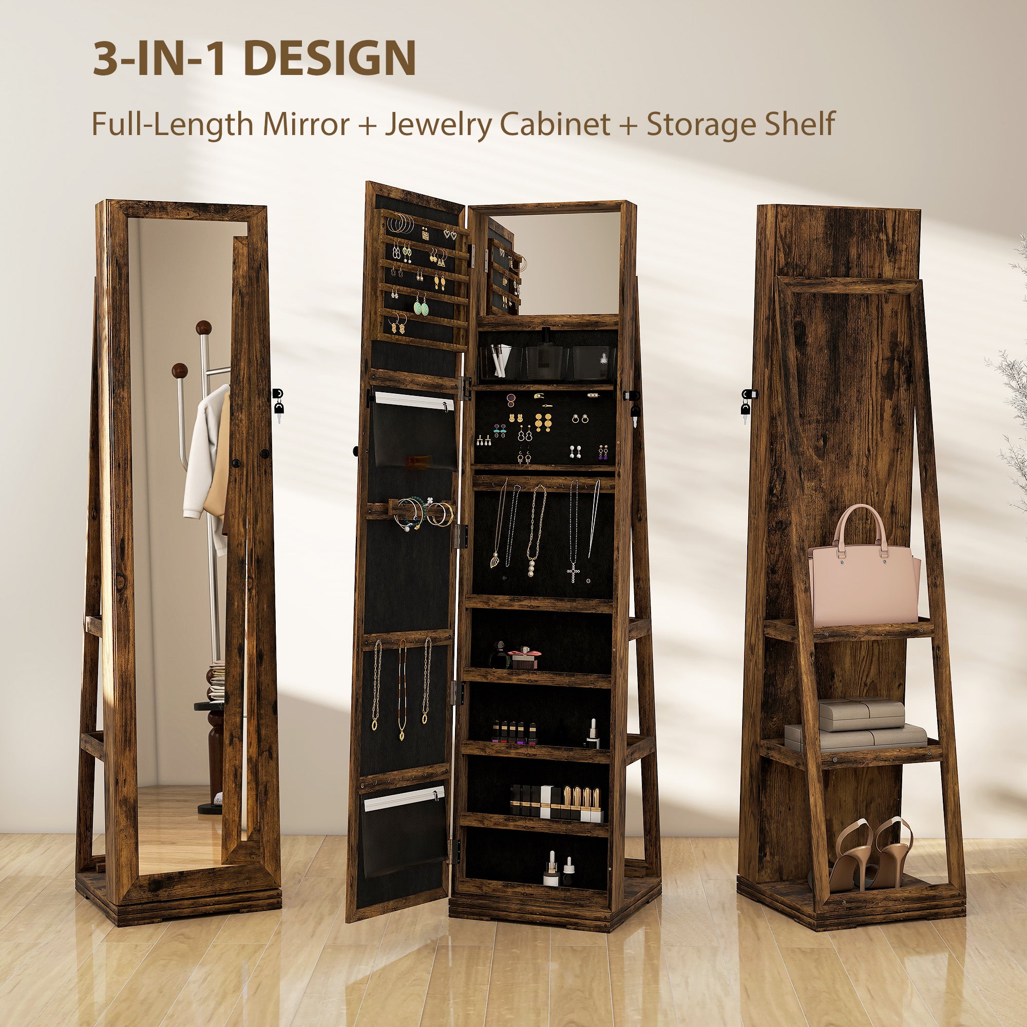 HOMCOM 360° Swivel Jewellery Cabinet, Mirror Armoire, Full Length Mirror, Lockable Jewellery Organiser with Built-In Small Mirror, Rustic Brown