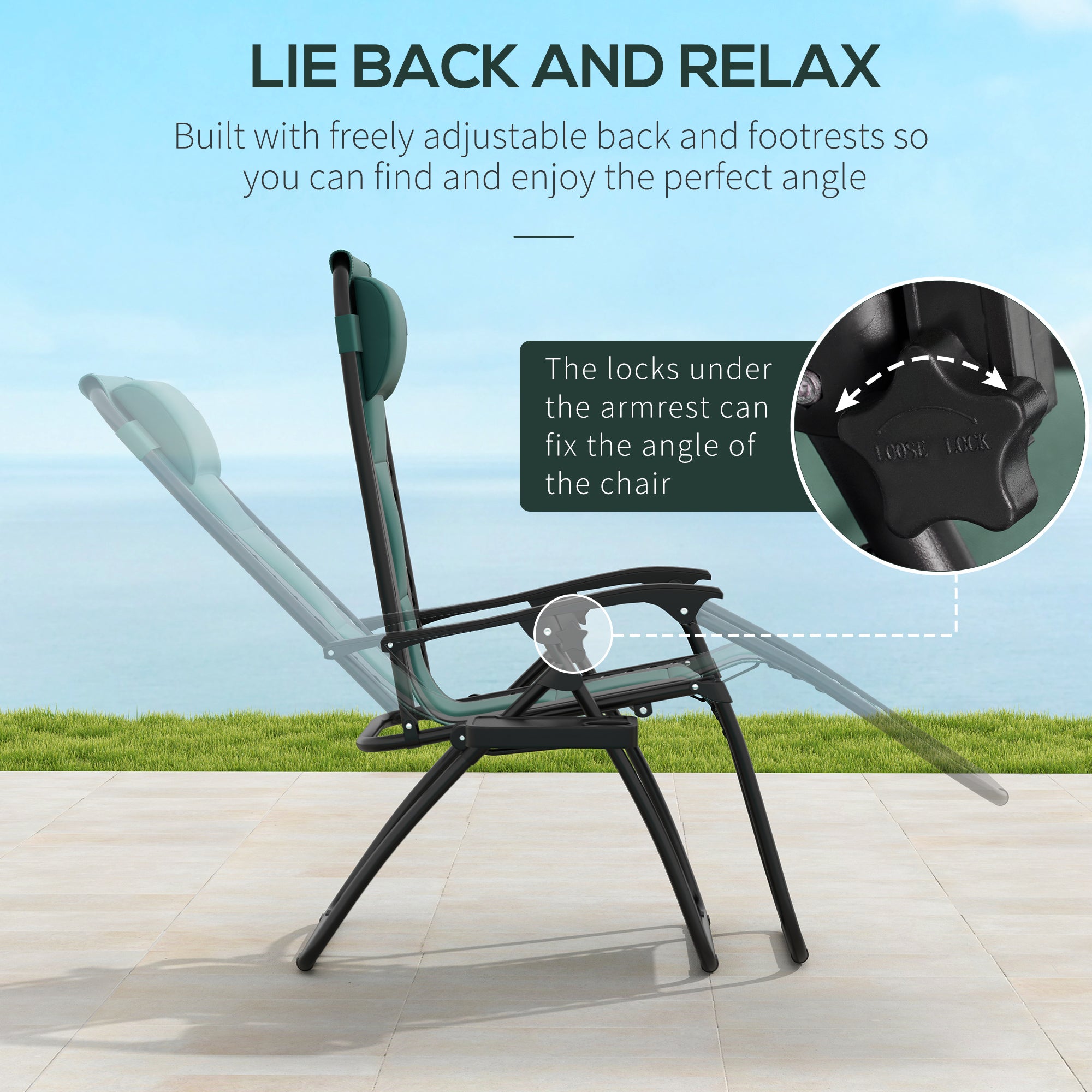 Outsunny Zero Gravity Lounger Chair, Folding Reclining Patio Chair with Padded Seat, Cup Holder, Soft Cushion and Headrest for Poolside, Camping, Green - North Peak Garden Furniture