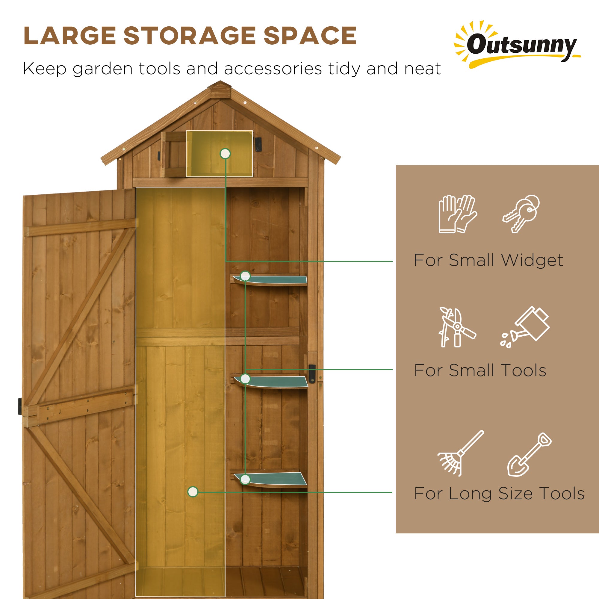 Outsunny Garden Shed Vertical Utility 3 Shelves Shed Wood Outdoor Garden Tool Storage Unit Storage Cabinet, 77 x 54.2 x 179cm - Brown - North Peak Garden Furniture