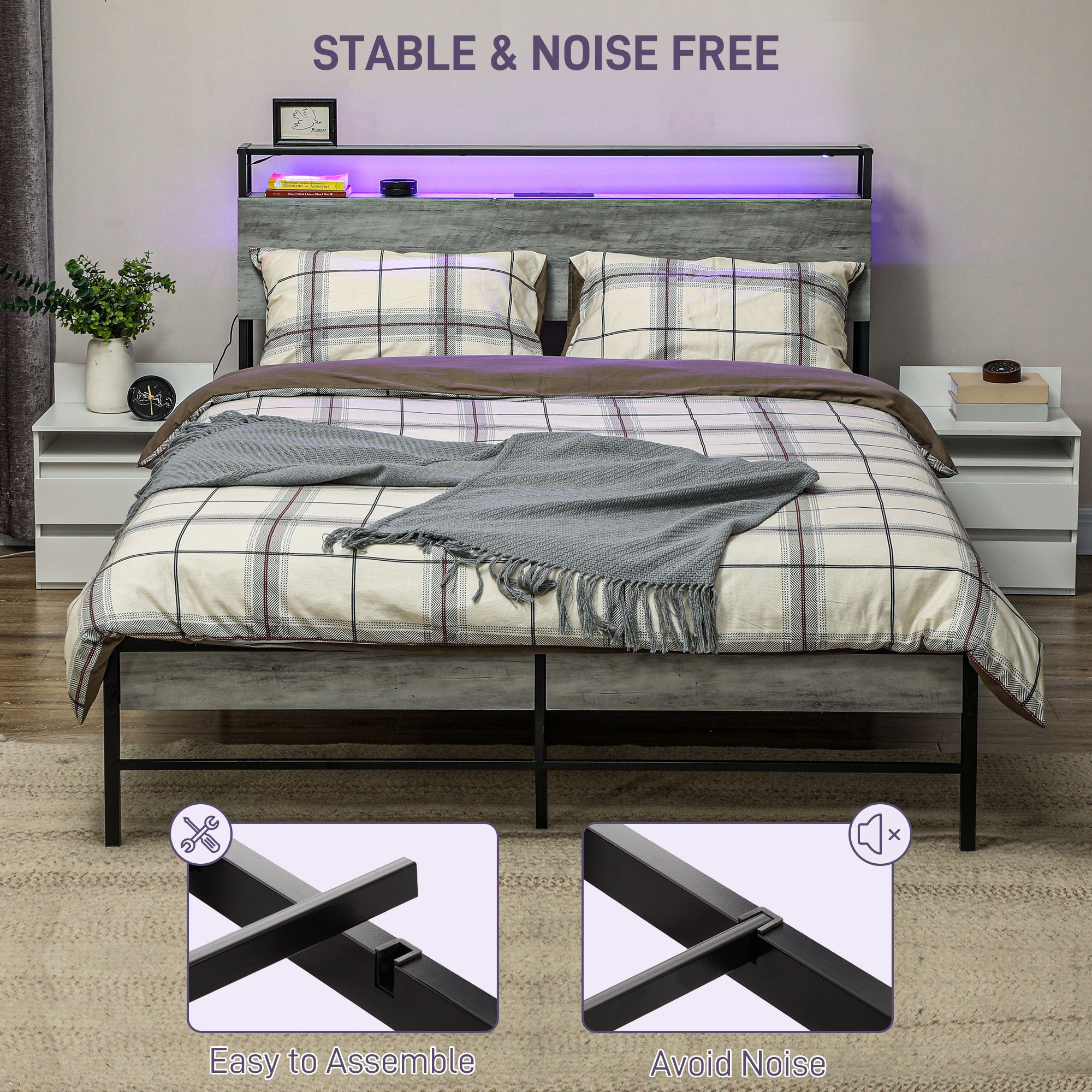 HOMCOM Double Steel Bed Frame, with LED Lights and Headboard Shelf - Grey