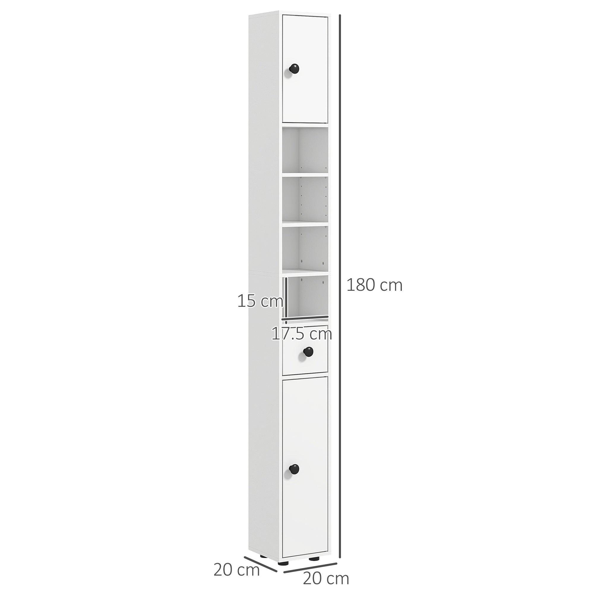 kleankin 180cm Tall Bathroom Cabinet, Slim Bathroom Storage Cabinet with 4 Open Shelves, 2 Door Cupboards and Adjustable Shelves, White