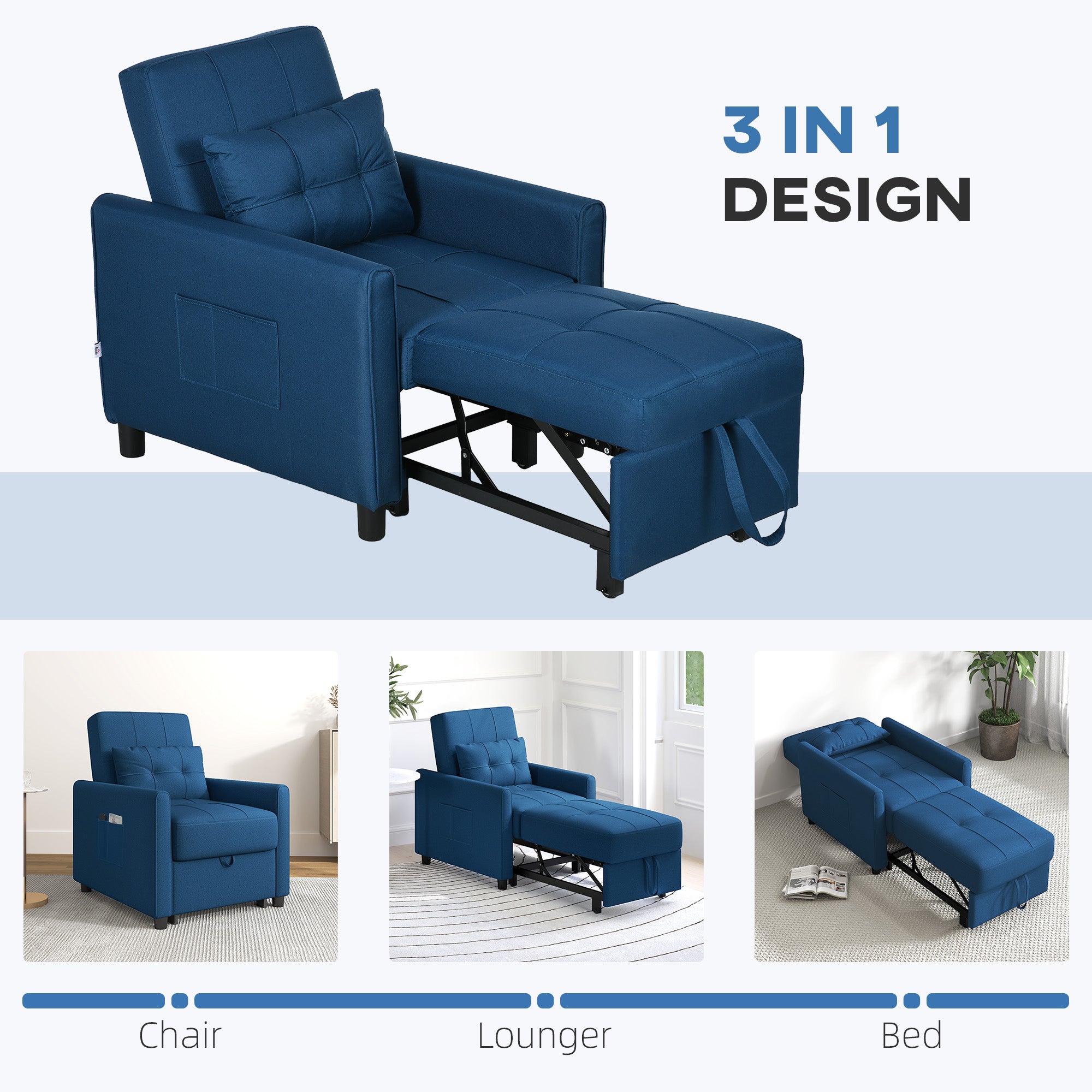 HOMCOM 3-In-1 Convertible Chair Bed, Pull Out Sleeper Chair with Adjustable Backrest, Side Pockets, Blue - North Peak Garden Furniture