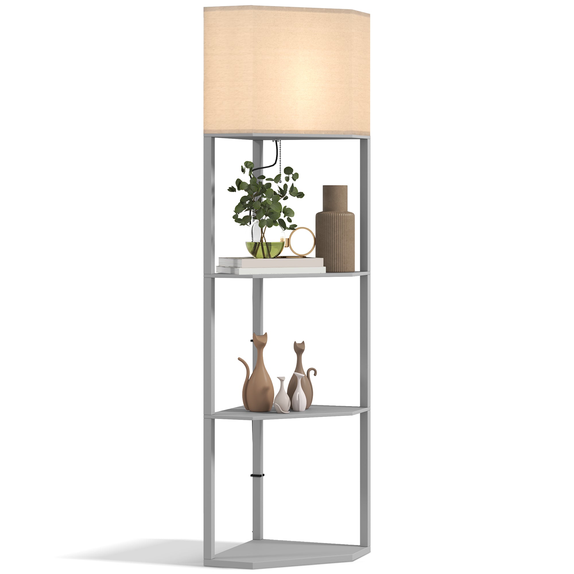 HOMCOM Corner Floor Lamp with Shelves, Tall Standing Lamps for Living Room, with Pull Chain Switch Bulb not Included, Grey - North Peak Garden Furniture