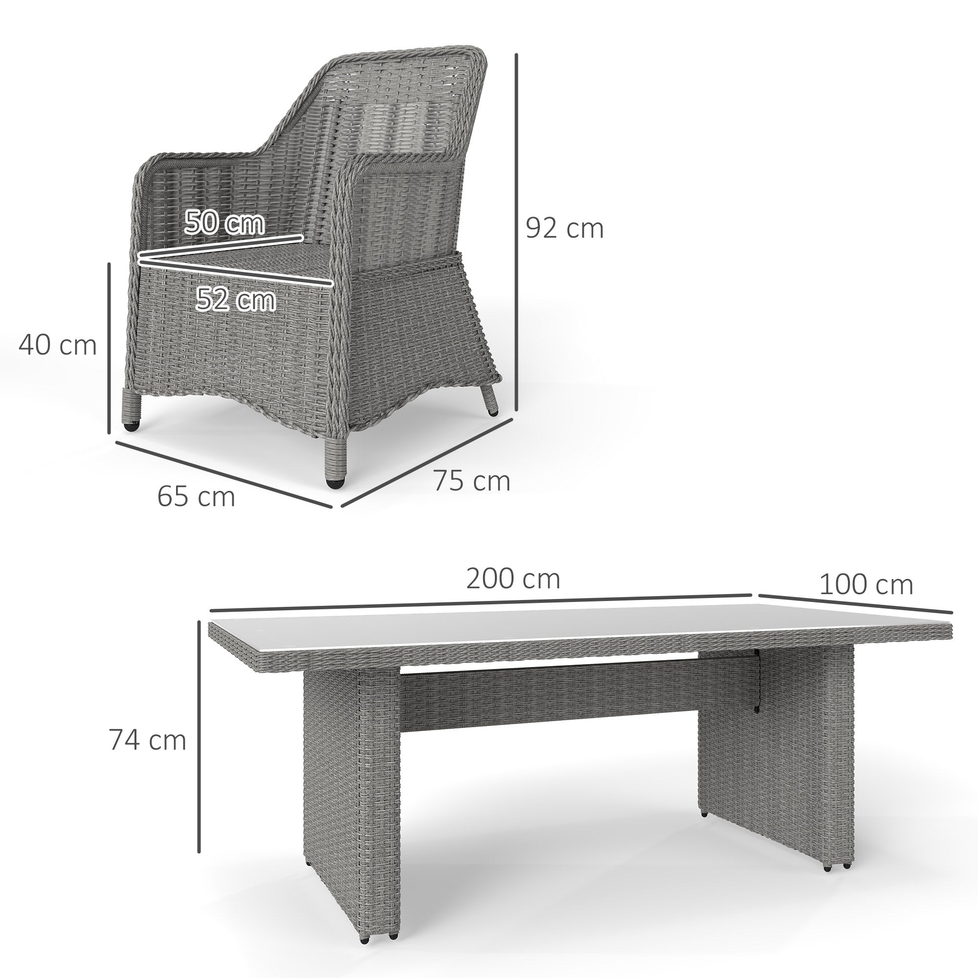 Outsunny 6 Seater Rattan Dining Set, Round PE Rattan Garden Furniture Set with Seat and Back Cushions, Aluminium Outdoor Dining Table and Chairs with 6 Armchairs, Rectangular Glass Top Table, Grey - North Peak Garden Furniture