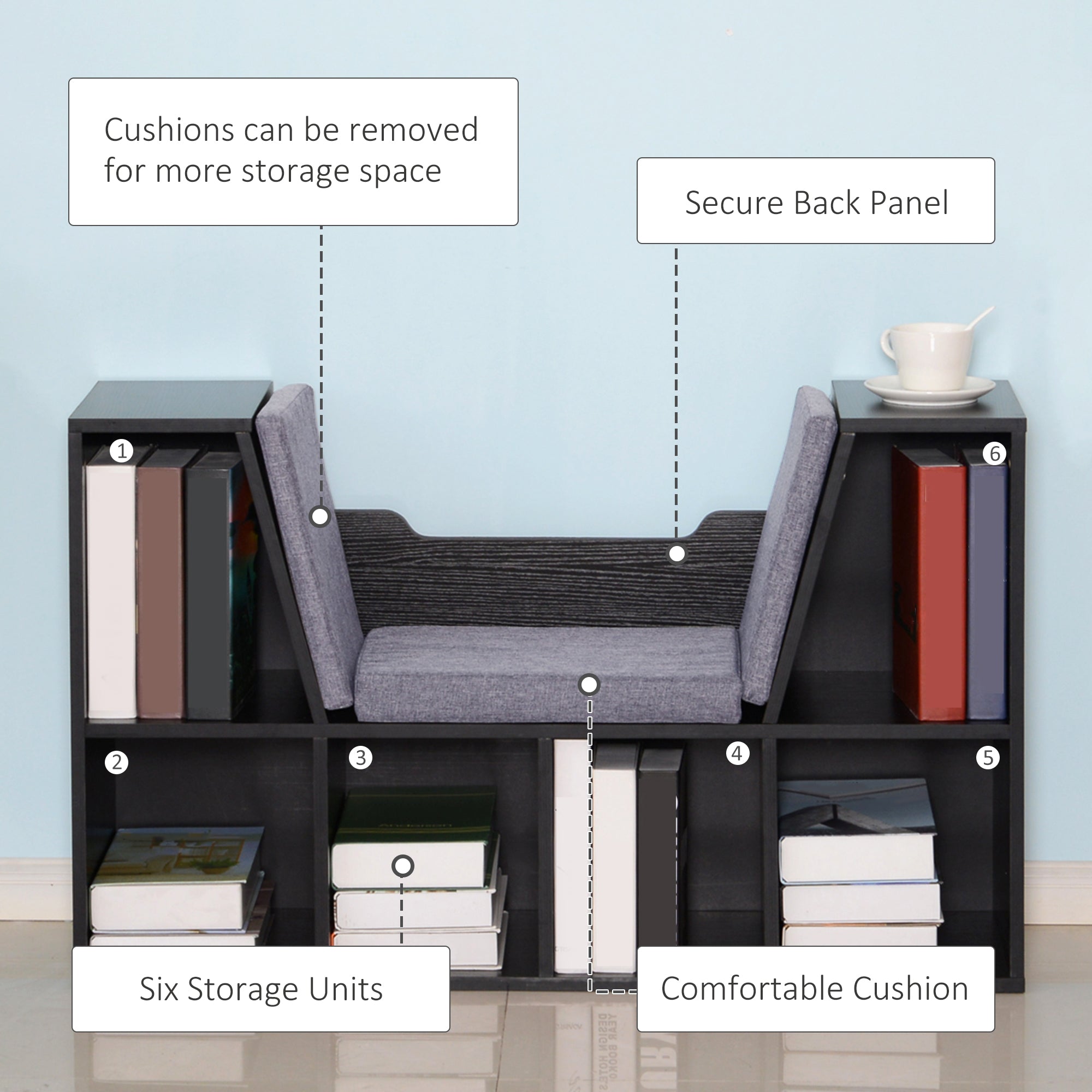 HOMCOM Bookcase Storage Shelf with Cushioned Reading Seat, Cube Bookshelf Organizer for Bedroom Living Room, Black