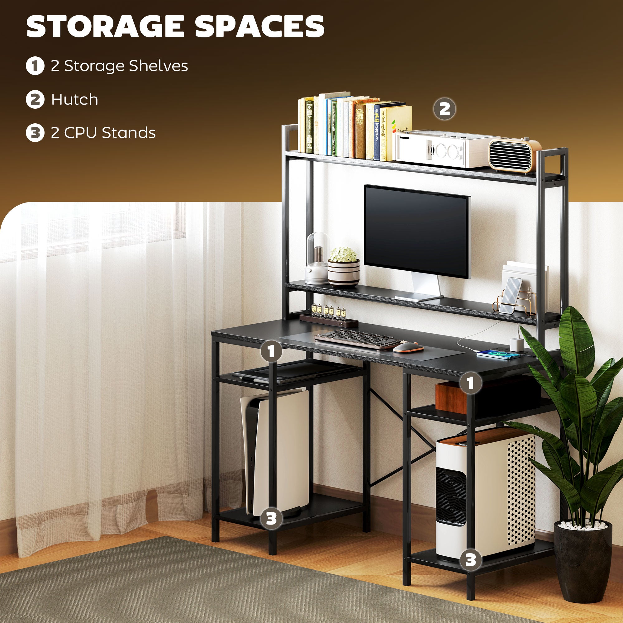 HOMCOM Computer Desk with Power Outlets and LED Lights, Home Office Desk with Monitor Stand and 2 CPU Stands, Study Table Gaming Desk with Hutch, Black - North Peak Garden Furniture
