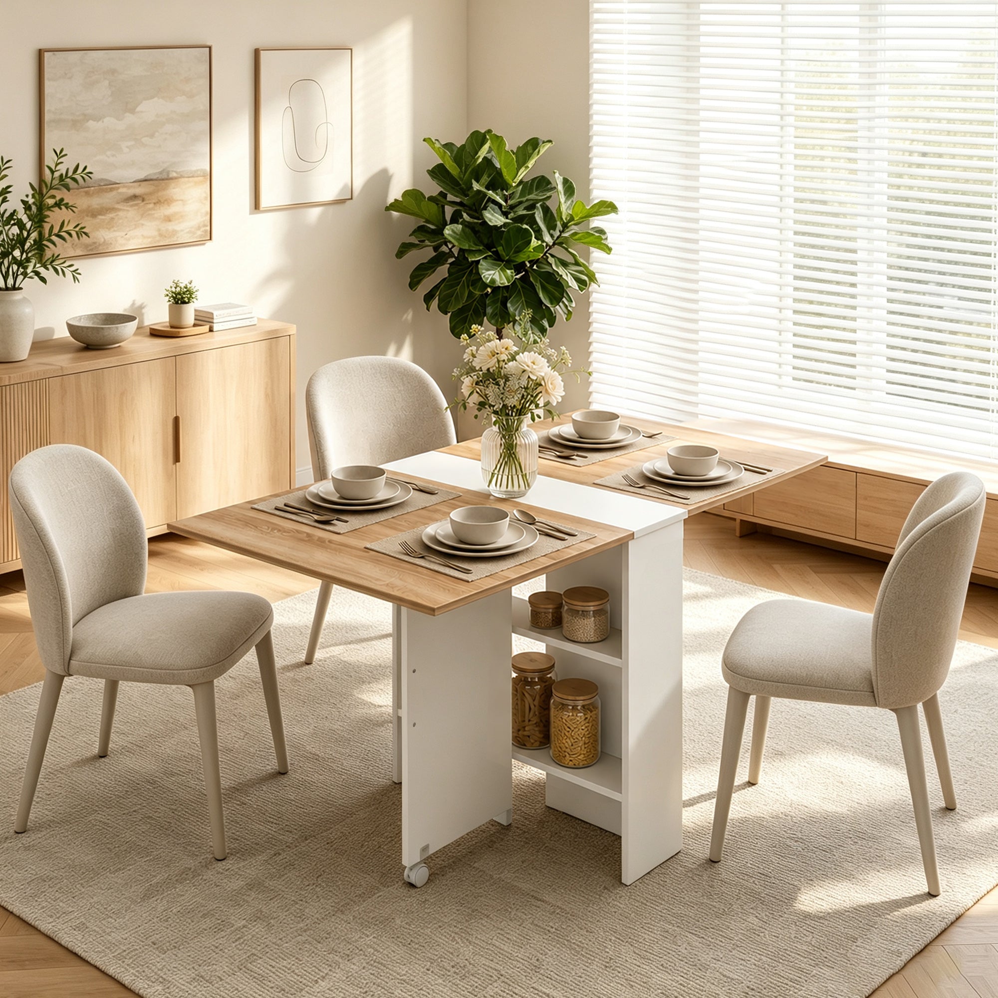 HOMCOM Folding Dining Table, Drop Leaf Table with 2-Tier Shelves, Rolling Casters, White and Natural