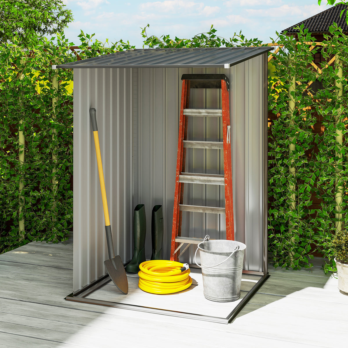 Outsunny 3.3 x 3.4ft Lean To Steel Garden Shed with Locking Door - Brown/Grey