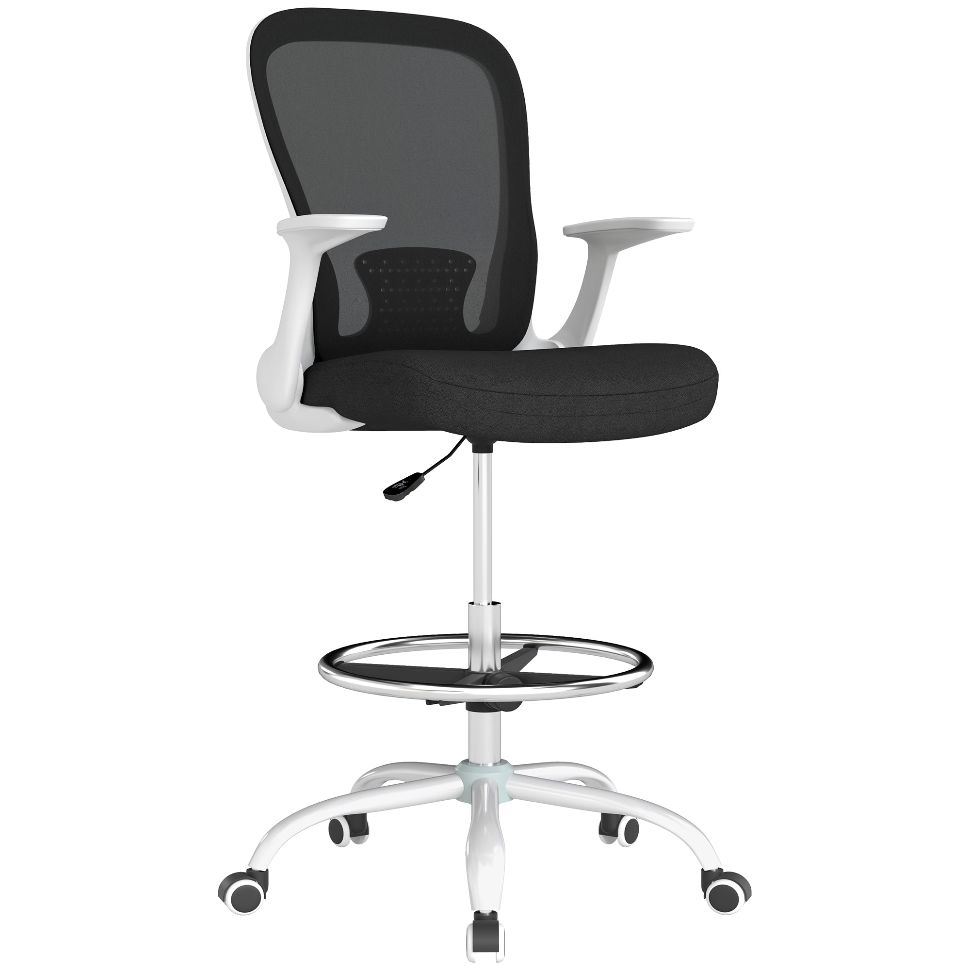 HOMCOM Draughtsman Chair, Mesh Drafting Chair, Ergonomic Office Chair with Flip-up Armrest, Adjustable Foot Ring, Black White - North Peak Garden Furniture