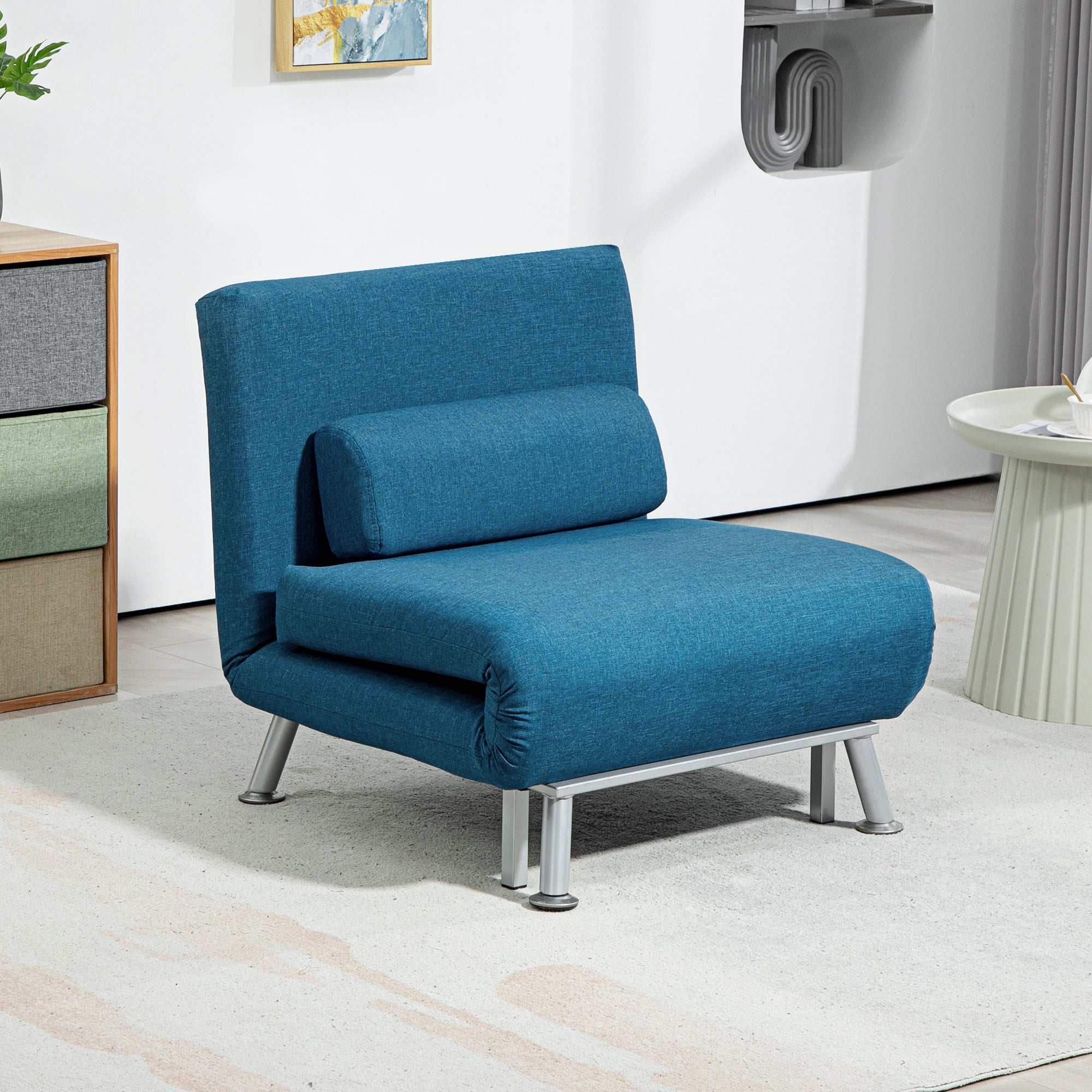 HOMCOM Single Linen-Look Sleeper Chair - Blue - North Peak Garden Furniture