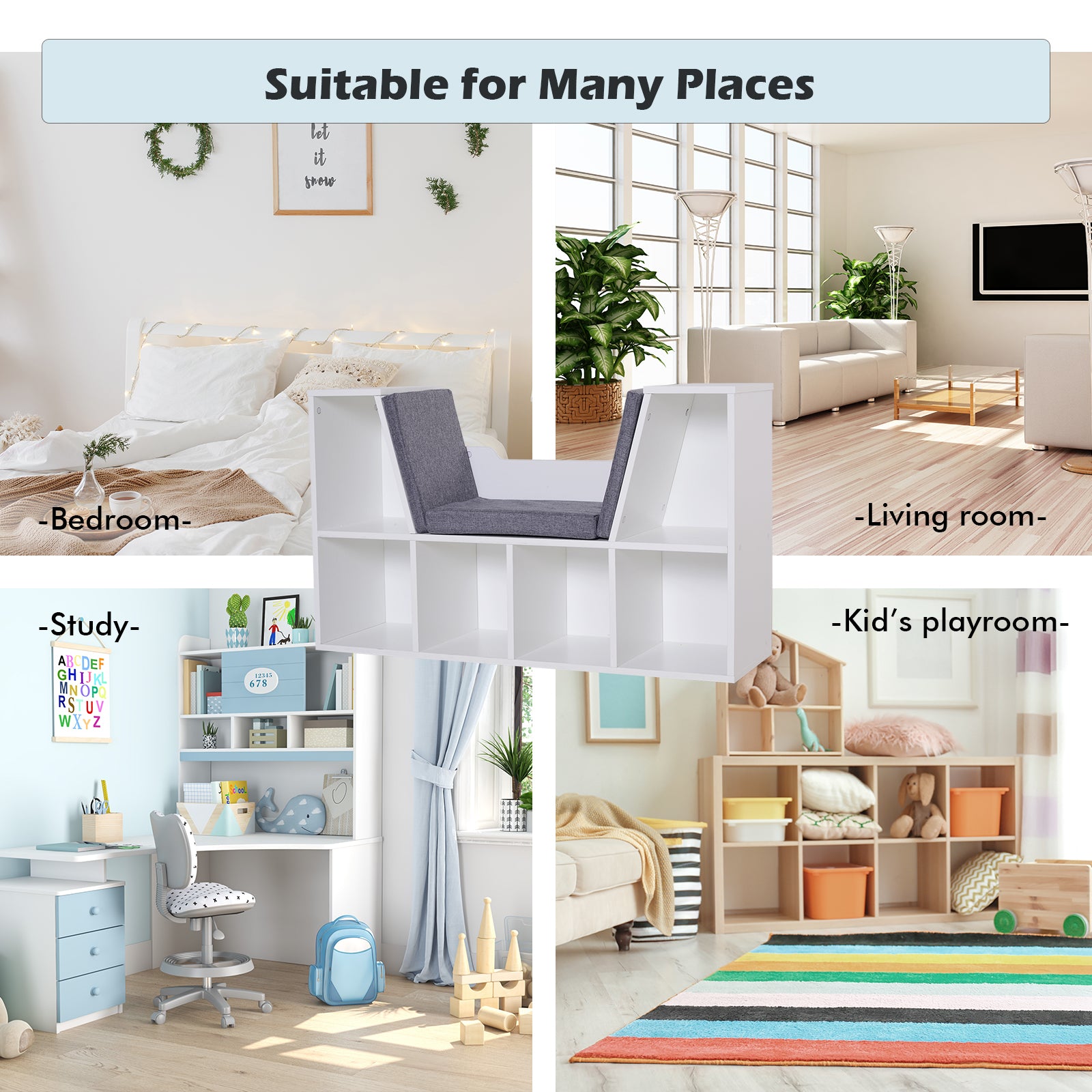 HOMCOM Bookcase Storage Shelf with Cushioned Reading Seat, Cube Bookshelf Organizer for Bedroom Living Room, White - North Peak Garden Furniture