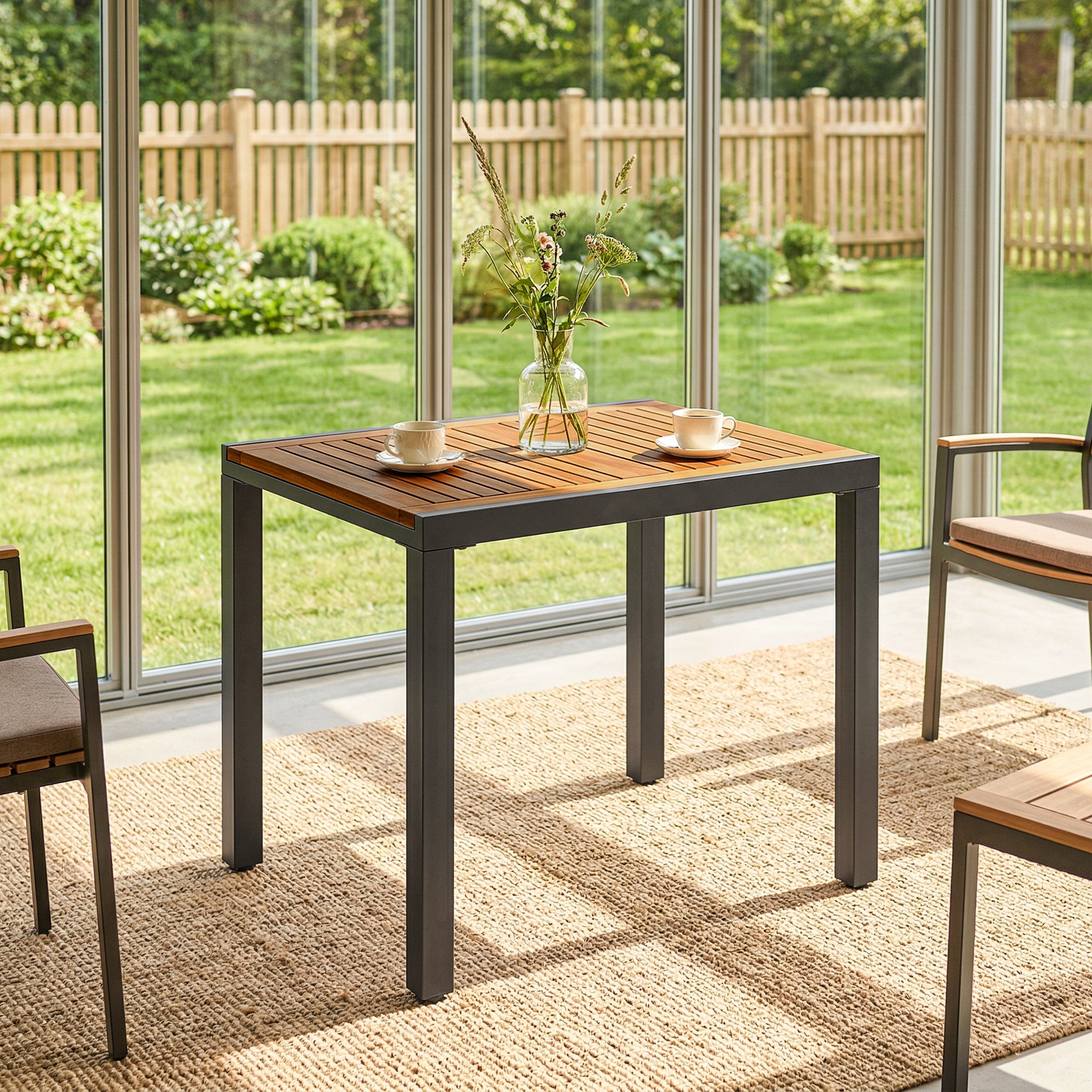 Outsunny Patio Dining Table Expandable Outdoor Dining Table Acacia Wood Top 80-120 cm Natural and Black