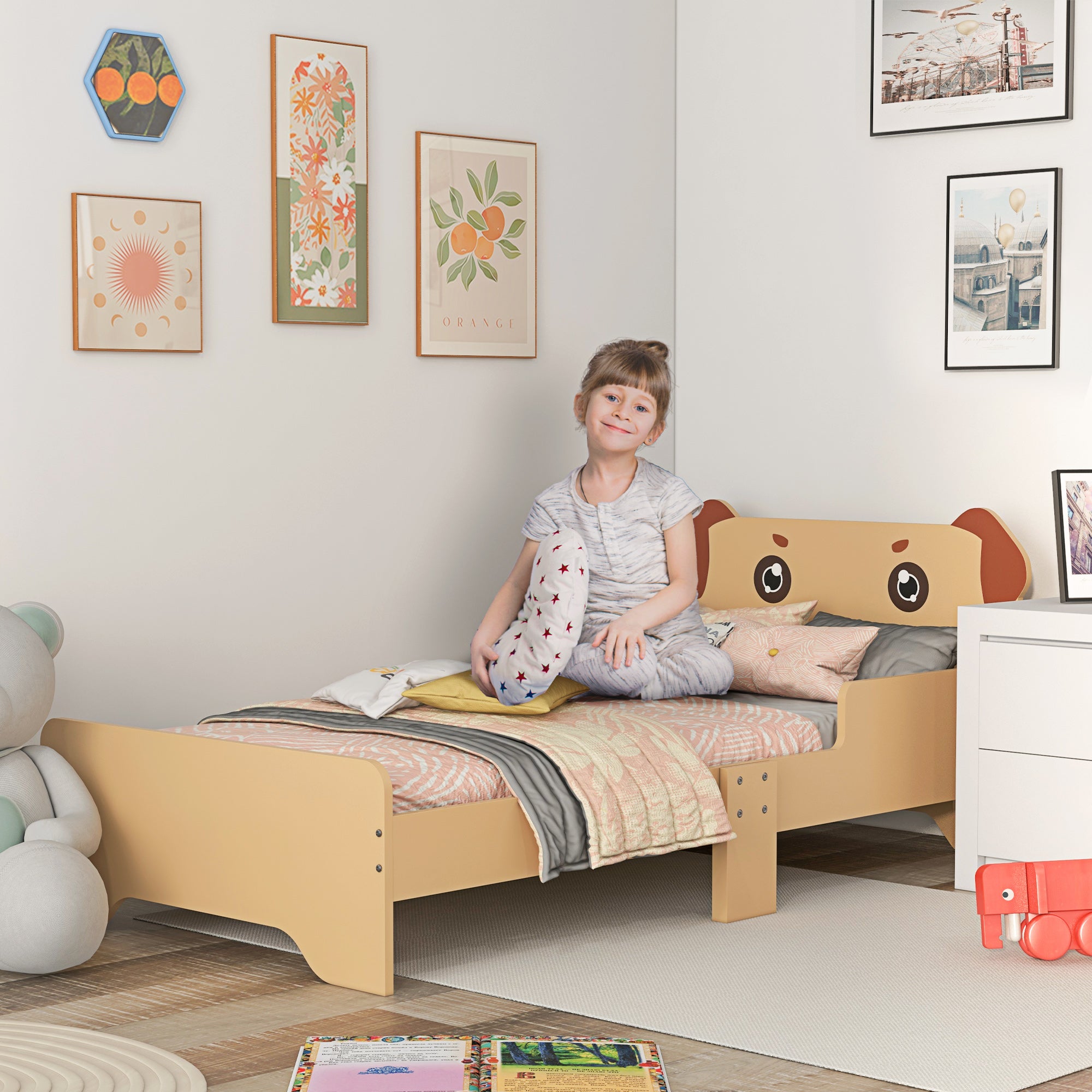 ZONEKIZ Puppy-Themed Kids Bed, for Ages 3-6 Years, 143 x 74 x 58cm