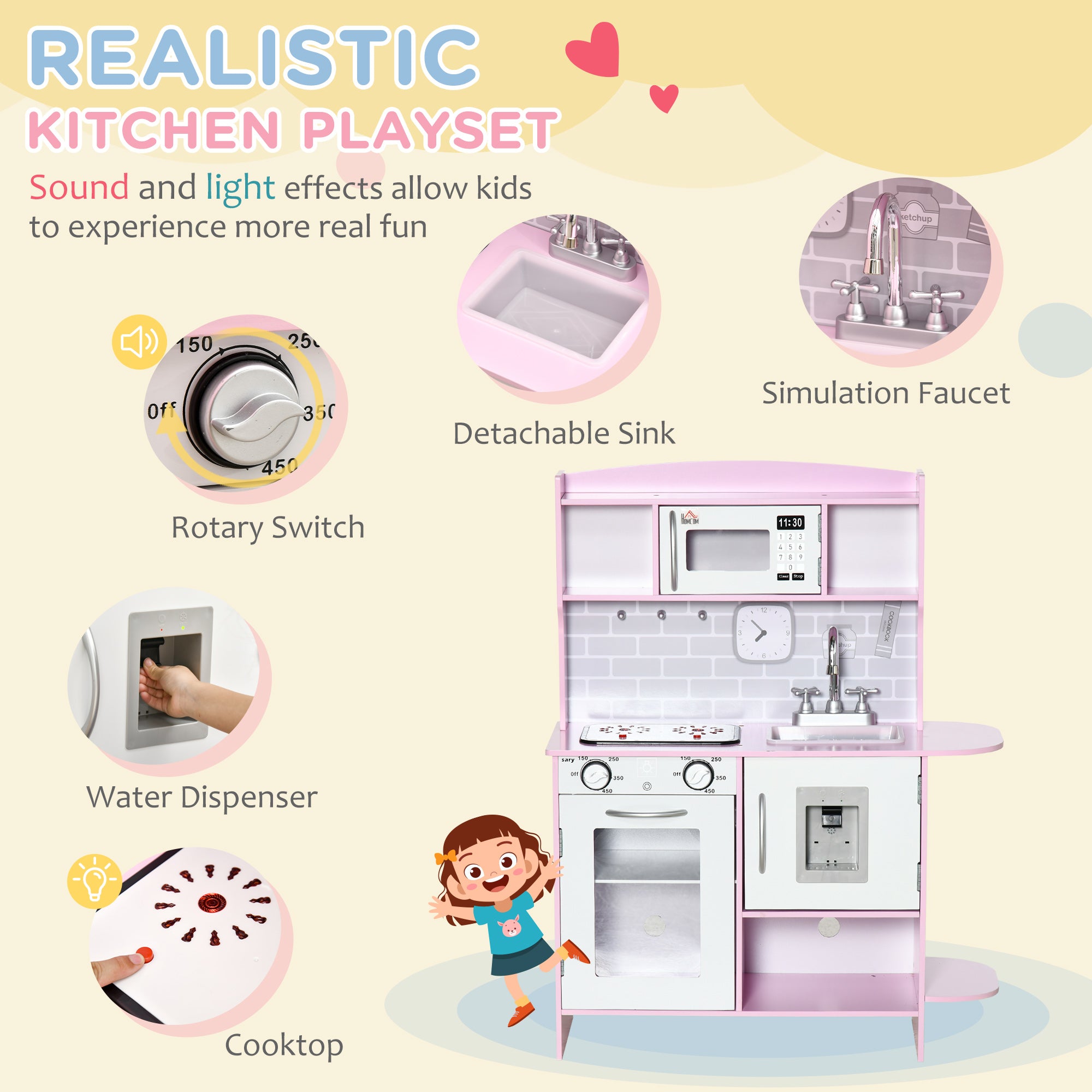HOMCOM Kids Kitchen Playset, with Lights, Sounds, Microwave, Sink and Storage - Pink - North Peak Garden Furniture